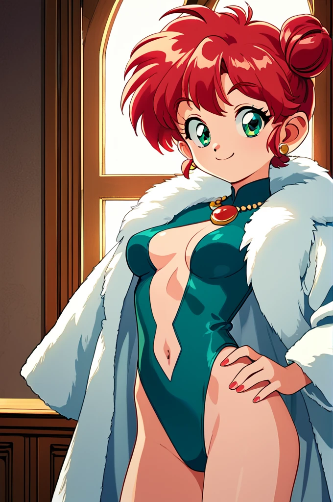 score_9, score_8_up, score_8, source_anime, retro anime style, 1girl, intricate high detailed body, _face, red hair, short hair, messy twin bun, green eyes, slender, medium breasts, neckwear, highleg leotard, navel cutout, fur coat, jewelry, accessories, happy smile, contrapposto, hand on hip, cowboy shot, indoors, castle