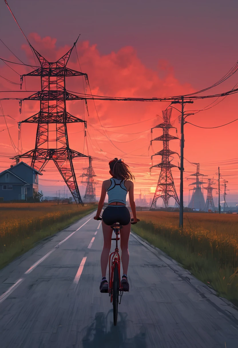 a girl rides a bicycle, in running shorts, short shorts, road with power towers in the background, inspired by Simon Stalenhag, nuclear art, red skies, anime aesthetic, suburban, ufology