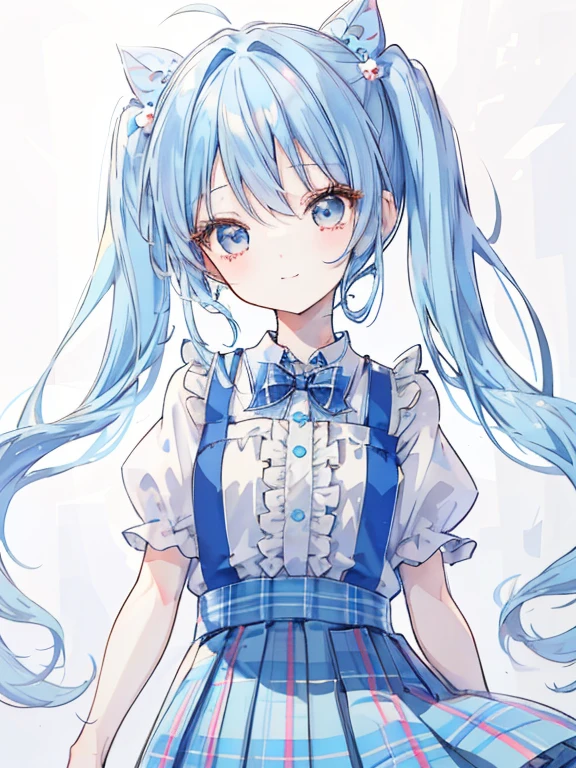 （2 heads）（Chibi）girl,Light blue ribbon hair ornament,(Blue hair in twin tails),((break)),（dress:1.3),(plaid pleated skirt:1.2),((break)),,((Please smile a little wider and look at me)),(cute pose),((break)),((focus on face)),((close up of face)),gentle design