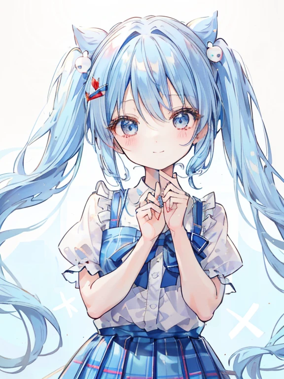 (2 heads)(Chibi)girl,Light blue ribbon hair ornament,(Blue hair in twin tails),((break)),(dress:1.3),(plaid pleated skirt:1.2),((break)),,((Please smile a little wider and look at me)),(cute pose),((break)),((focus on face)),((close up of face)),gentle design