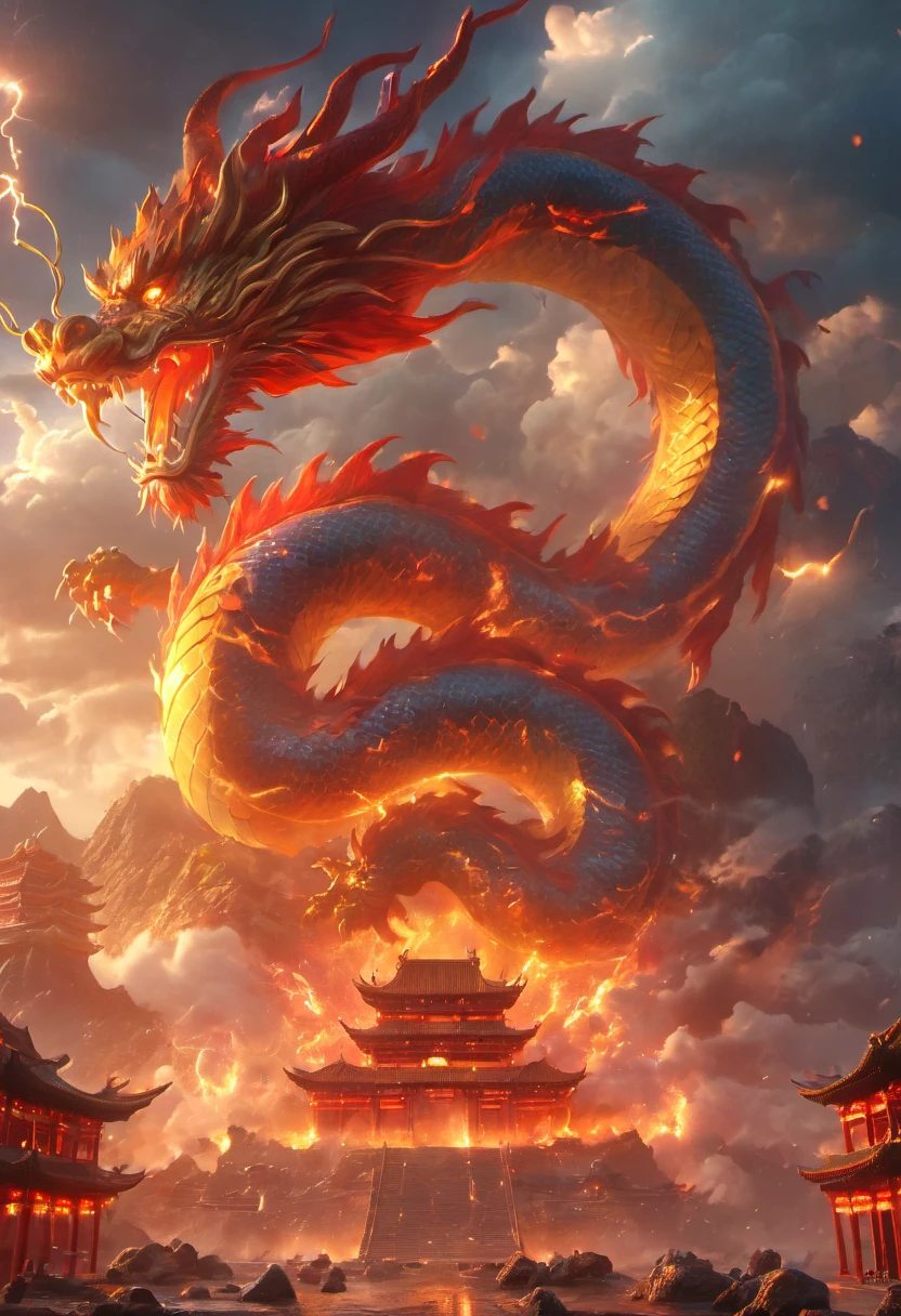 in a fantasy world, Chinese traditional architecture, A fire dragon, cloud, sun, Sky, Mountain, thunder and lightning, (best quality, 4K, high resolution, masterpiece:1.2), Super detailed, (actual:1.37), bright colors, Bokeh, vivid lights.