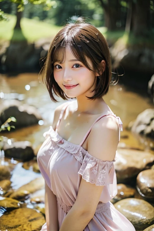 (8K, RAW Photos, Highest quality, masterpiece:1.2), Super detailed, Ultra-high resolution, (Realistic, Photorealistic:1.37), High-definition RAW color photos, Professional photos, Very delicate and beautiful, Very detailed, 8K壁紙, (Beautiful and detailed eyes)、(Beautifully detailed face),Anatomically correct body shape, Professional Lighting,From Above,Close Up, One person,woman、Japanese、Age 25, Brown Hair、Short Hair、 (A shy smile:1.3), Fine and beautiful skin、Skin Texture、detailed water drops, (Slim waist:1.2)、(E cup bust:1.21), (white,Wet T-shirt,nipples:1.15),(mini skirt:1.25), (Emphasize the cleavage:1.1),Sitting, The background is a realistic city