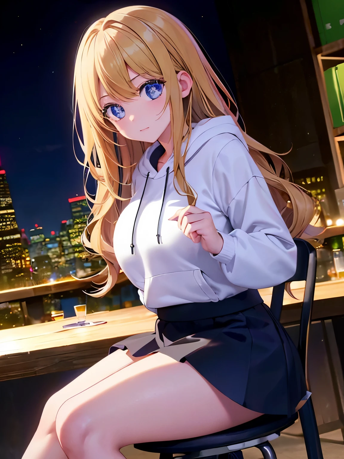 1woman,super beautiful,Warehouse background, night,Sitting on a chair,,hands tied,half body photo,Beautiful eyes, very detailed face,cute,long hoodie,white hoodie, tennis skirt,HD face, perfect face,black mini skirt,black mini skirt,Very big breasts,Blonde hair,long hair,wavy hair,bangs,blue eyes,ultra detail,ultra Hd, masterpiece,4k