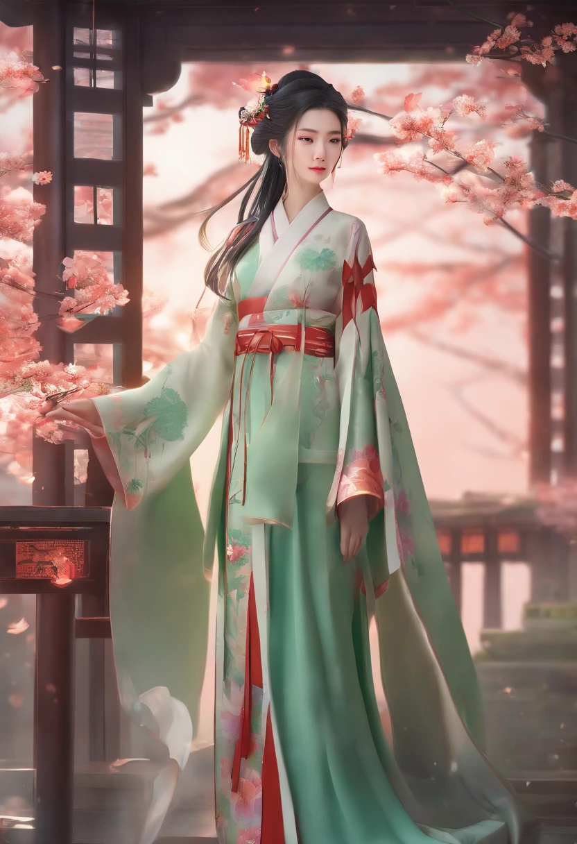 A woman in a green dress holds a flower in her hands, palace , 一个穿着Hanfu的女孩, 白色Hanfu, hanfu, beautiful fantasy queen, Matching Chinese clothing, wearing chinese clothes, Chinese style, ethereal beauty, Chinese girl, Long and beautiful flowing kimono, traditional Chinese, Inspired by Lan Ying, Gorgeous Chinese model, Hanfu