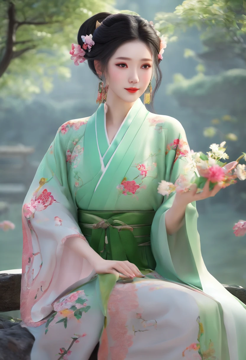 A woman in a green dress holds a flower in her hands, palace ， 一个穿着Hanfu的女孩, 白色Hanfu, hanfu, beautiful fantasy queen, Matching Chinese clothing, wearing chinese clothes, Chinese style, ethereal beauty, Chinese girl, Long and beautiful flowing kimono, traditional Chinese, Inspired by Lan Ying, Gorgeous Chinese model, Hanfu