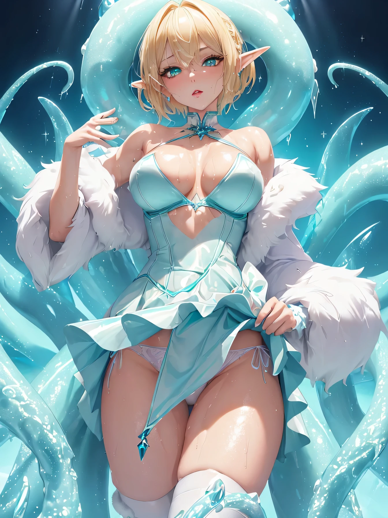 high resolution:1.7, incredibly absurdres, kawaii:1, cute:1.5, hires.fix, incredibly fine illustration,8k,masterpiece:1.2,best quality, high quality, exquisite, beautiful, insanely detailed, intricate detailed, extremely detailed, Super Definition, ultra high res, Super Resolution, best aesthetic, ultra detailed:1.5, best quality, perfect face, detailed face, masterpiece:1.2, illustration:1.2, 8k cg wallpaper, stunning art,absurdres,octane render,ultra hires,cute elf,tiny little body,(((wizard girl, gothic style girl, wet girl))),((anime elf with extremely cute and beautiful blond hair)),((((blond hair:1.35,undercut blond hair,short hair,colored inner hair,ear breathing)))),(((green_eyes:1.3))),intricate eyes,beautiful detailed eyes,symmetrical eyes,big eyes:1.5,(((pinky skin,glowing_skin,lustrous skin:1.5,bright skin: 1.5,skin tanned,shiny skin,very shiny skin,shiny body,plastic glitter skin,exaggerated shiny skin,illuminated skin))),upward breasts,(detailed body,(detailed face)),cute,daring,zettai ryouiki,show skin,She has long eyelashes that add to her captivating appearance,arms behind back, spread legs,(((girl dressed as a ice magician,micro blue skirt,cute gothic fashion))),(((white side-tie panties))),(((aqua fur coat, aqua fur coat outfit, wearing a ice dress:1.3,aqua winter coat))), midriff peek,(garter belt,Stockings),sweat, steam,dark forest,(on tentacle pit),(((tentacles))),Gothic Choker with chains,thighlet,(Wizard's hat),holding shining sword,Detailed pussy, beatifull pussy, visible pussy