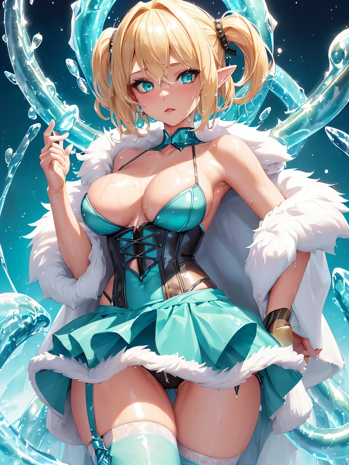 high resolution:1.7, incredibly absurdres, kawaii:1, cute:1.5, hires.fix, incredibly fine illustration,8k,masterpiece:1.2,best quality, high quality, exquisite, beautiful, insanely detailed, intricate detailed, extremely detailed, Super Definition, ultra high res, Super Resolution, best aesthetic, ultra detailed:1.5, best quality, perfect face, detailed face, masterpiece:1.2, illustration:1.2, 8k cg wallpaper, stunning art,absurdres,octane render,ultra hires,cute elf,tiny little body,(((wizard girl, gothic style girl, wet girl))),((anime elf with extremely cute and beautiful blond hair)),((((blond hair:1.35,undercut blond hair,short hair,colored inner hair,ear breathing)))),(((green_eyes:1.3))),intricate eyes,beautiful detailed eyes,symmetrical eyes,big eyes:1.5,(((pinky skin,glowing_skin,lustrous skin:1.5,bright skin: 1.5,skin tanned,shiny skin,very shiny skin,shiny body,plastic glitter skin,exaggerated shiny skin,illuminated skin))),upward breasts,(detailed body,(detailed face)),cute,daring,zettai ryouiki,show skin,She has long eyelashes that add to her captivating appearance,arms behind back, spread legs,(((girl dressed as a ice magician,micro blue skirt,cute gothic fashion))),(((white side-tie panties))),(((aqua fur coat, aqua fur coat outfit, wearing a ice dress:1.3,aqua winter coat))), midriff peek,(garter belt,Stockings),sweat, steam,dark forest,(on tentacle pit),(((tentacles))),Gothic Choker with chains,thighlet,(Wizard's hat),holding shining sword,Detailed pussy, beatifull pussy, visible pussy