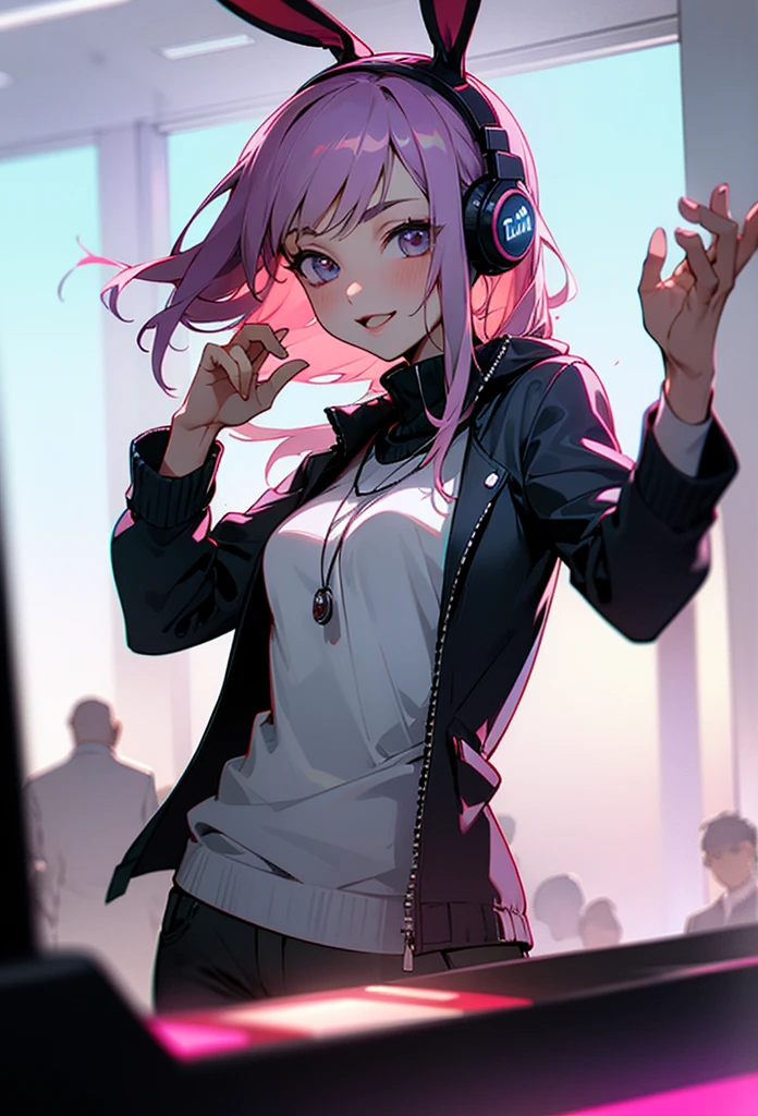 photo realistic,a girl,18yo, cheerful and energetic,long flowing purple hair.,tight high-necked knit sweater(clothes with open chest area),plunging neckline,silver jacket,cute rabbit-ear hairband, Her eyes sparkle with curiosity and kindness, often seen with a bright smile on her face as she explores the cyberpunk world,she is scraching record disc,she is DJing at a vibrant club scene,she is standing behind the DJ booth, surrounded by colorful lights and energetic partygoers,wears stylish DJ headphones and controls the music with confidence and skill,tall short,,The crowd is dancing enthusiastically to her beats, and she is smiling, enjoying the electrifying atmosphere of the club. beautiful lighting, volumetric lighting, dynamic angle, looking at viewer, (photographic portrait), sharp,