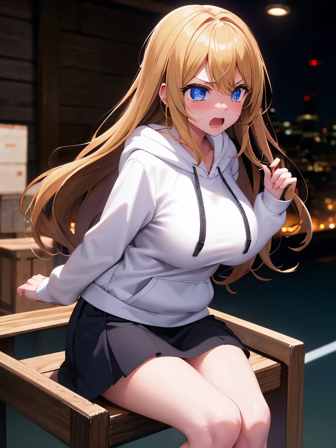 1woman,super beautiful,Warehouse background, night,Sitting on a chair,Angry expression, crying, tears coming out, teeth showing,,hands tied,half body photo,Beautiful eyes, very detailed face,cute,long hoodie,white hoodie, tennis skirt,HD face, perfect face,black mini skirt,black mini skirt,Very big breasts,Blonde hair,long hair,wavy hair,bangs,blue eyes,ultra detail,ultra Hd, masterpiece,4k