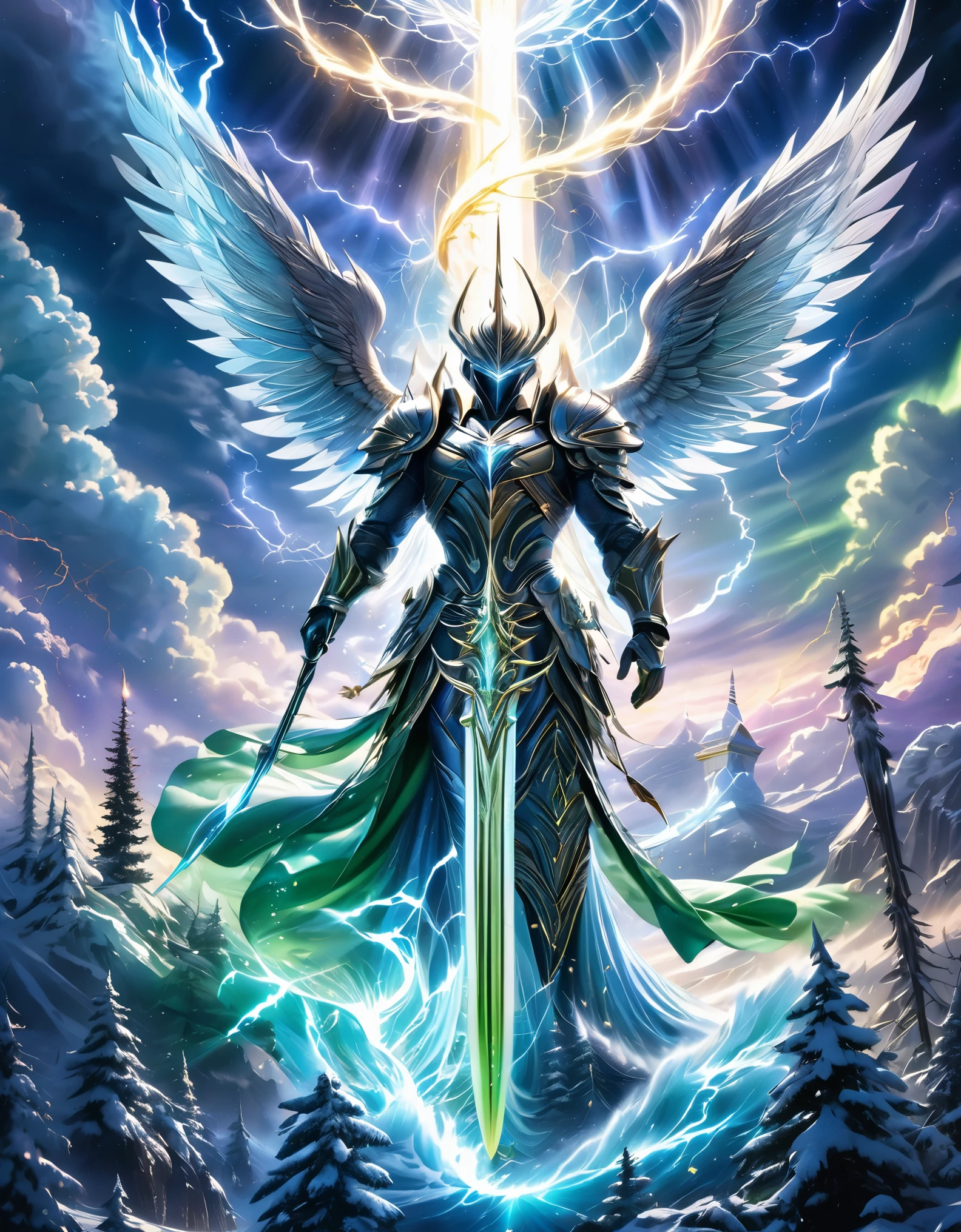 ((highest quality)),(ultra high resolution),(Super detailed),(detailed description),((best CG)),(best work of art),super precision art,amazing drawing art,(Fantasy art with intricate detail:1.5), A spear of light that pierces heaven and earth,Lightning emanating from the aurora cuts through the night sky,Angels blowing the trumpets of the end