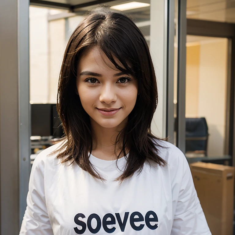ultra realistic photo, beautiful woman, 22 years old, tanned skin, wavy brown hair, smille, (dressing a Blue social shirt)), profissional photo, at photography studio, gray backbround, face high definition, 8k