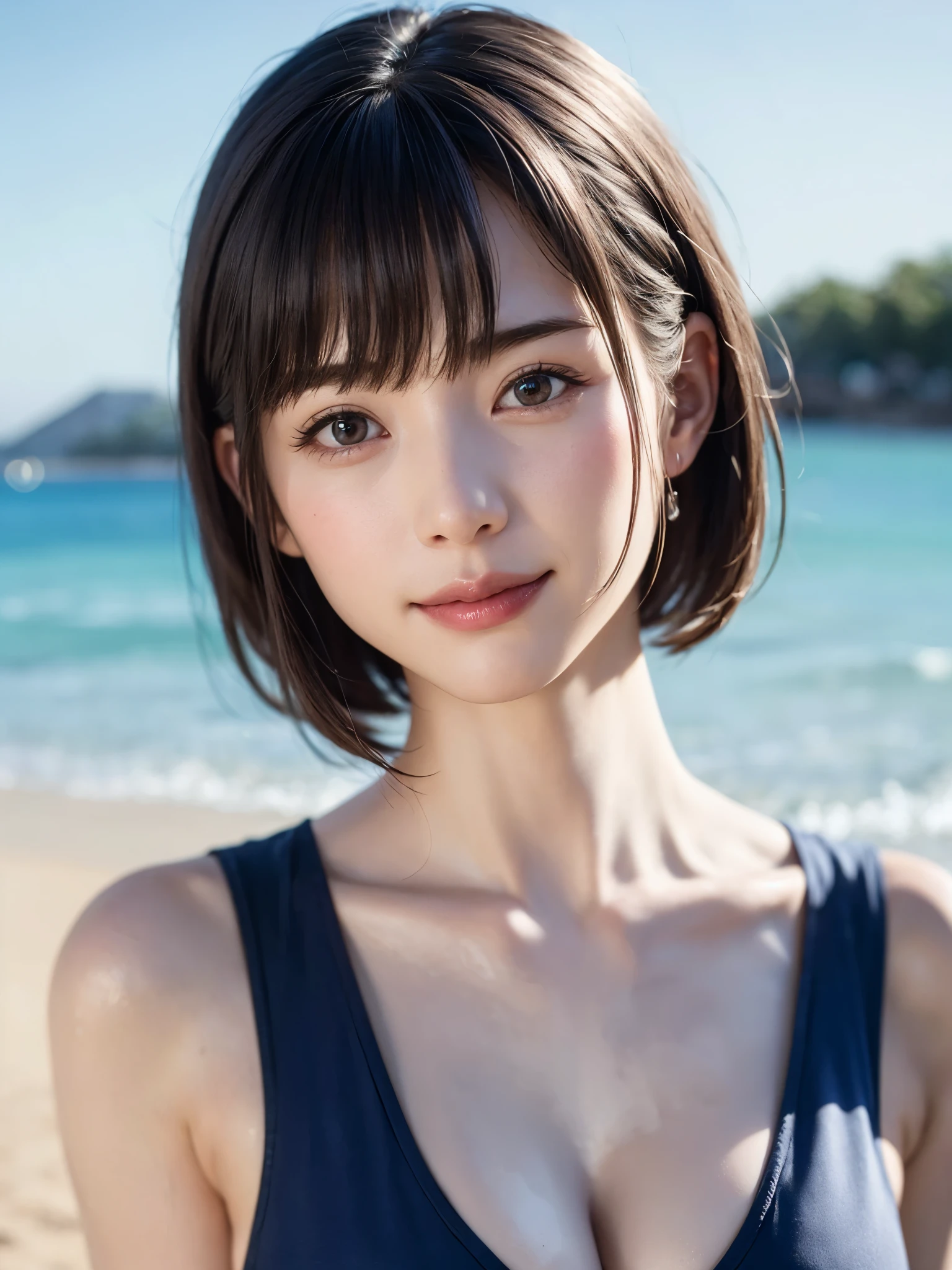 (((masterpiece))), (((highest quality: 1.4))), ((Very detailed: 1.4)) , Ulzzang-6500-v1.1, (RAW Photos:1.2), (Realistic), (Genuine:1.4), Very detailed, Sharp focus,Japanese woman standing on a bridge in Miyazaki Island、Stunningly beautiful blue ocean in the background、Random Color、Halter neck swimsuit、My hair is messy in the wind、happiness、romantic、joy、Fine grain、Detailed face、Japanese Goddess、Duck Mouth、Shiny skin、Realistic skin texture、