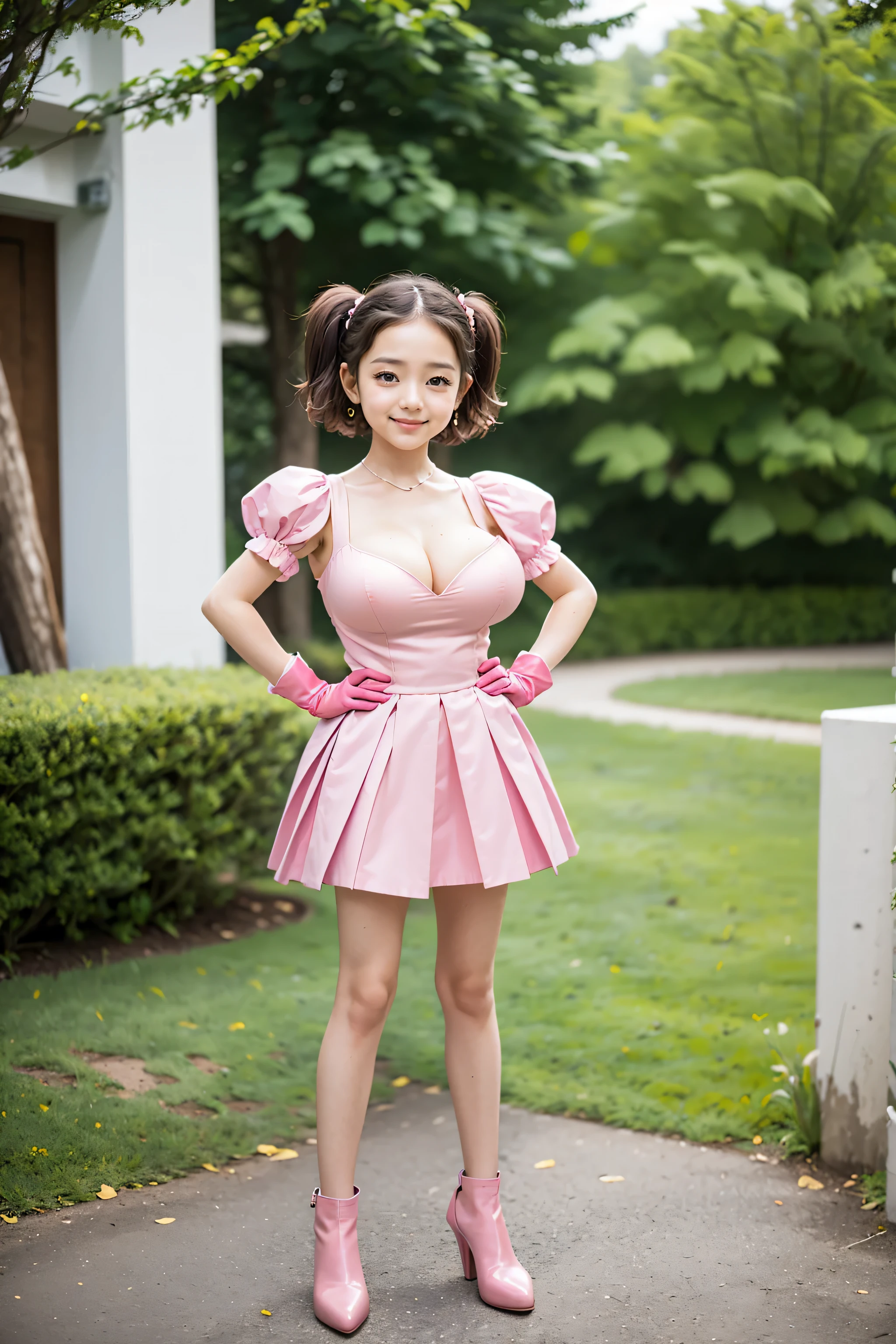 (8k, RAW photo, best quality, masterpiece, realistic, detailed face, detailed skin, warm color temperature, 1girl, solo:1.2), beautiful Japanese girl, hrkzdrm_mgc, (pink dress, skirt, puffy sleeves, pink gloves:1.4), (opll, skinny:1.3), (short stature, height 148cm, petite:1.2), (short hair:1.3), forehead, brown hair, full body shot, (front view:1.3), (huge breasts:1.2), smile, shy, dulled colors, opll, (tighttops:1.2), standing, hands on hip