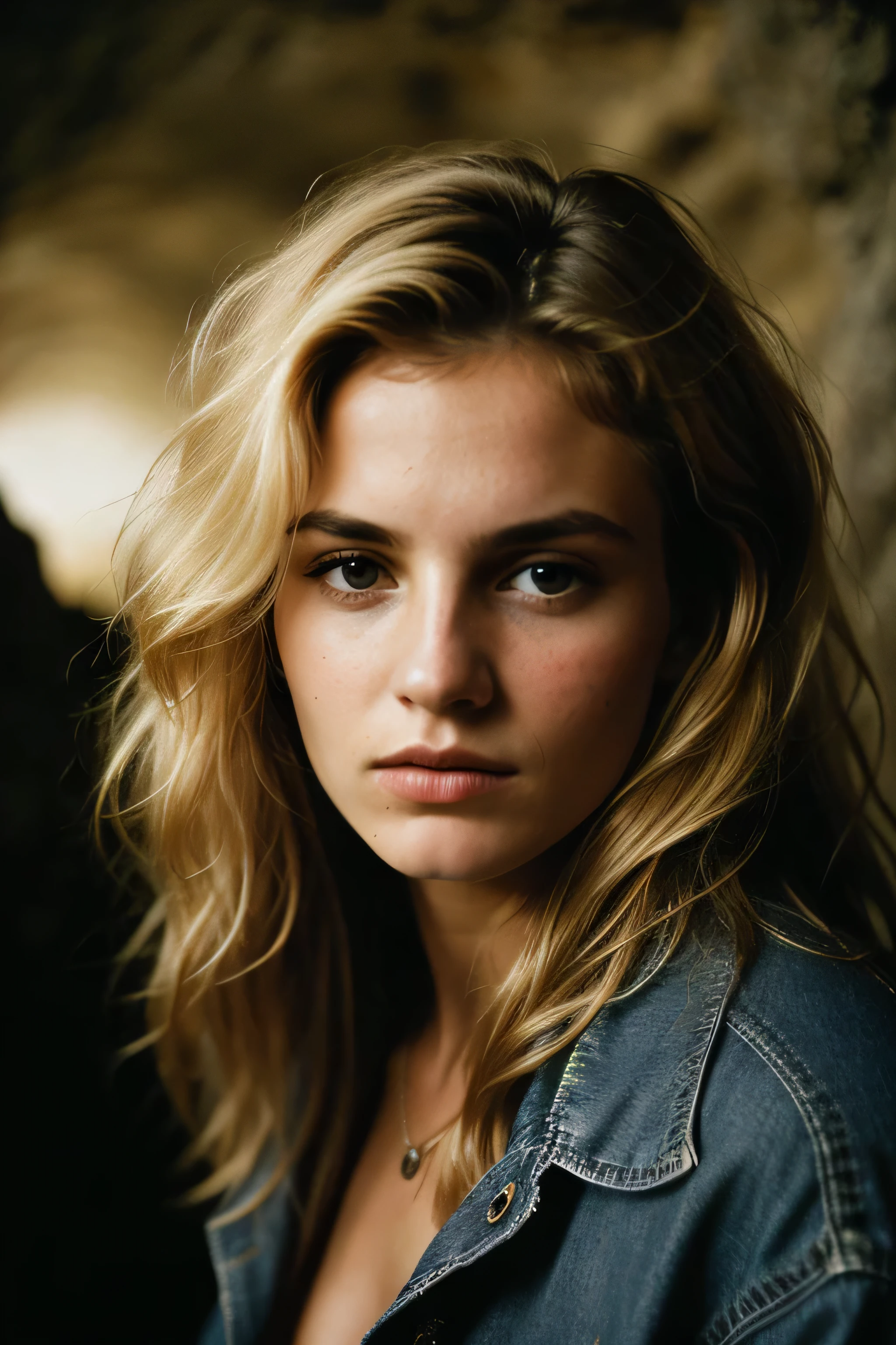 photograph of a woman, (troubled facial expression), textured skin, goosebumps, blonde afro hair, plaid flannel shirt with distressed boyfriend jeans, cowboy shot, dark and mysterious cave with unique rock formations and hidden wonders, perfect eyes, (candlelight,chiaroscuro), Porta 160 color, shot on ARRI ALEXA 65, bokeh, sharp focus on subject, shot by Don McCullin