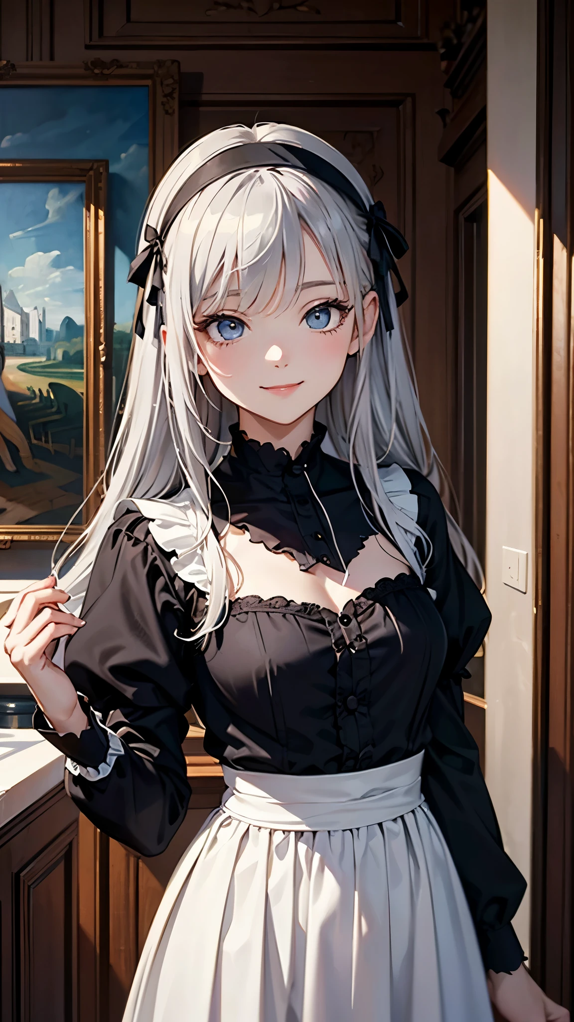 (masterpiece、official art), (1 woman), (attractive woman), ((famous paintings、highest quality)), 8K, ((28 years old)), ((silver hair)), long hair, bangs, messy hair, attractive woman, black eyes, big shining eyes, Beautifully drawn eyes, smile, small bust, Black Gothic Maid Clothes, white headband, long skirt, ((wink))、((Waist to head)), entrance to the mansion, great illustrations、