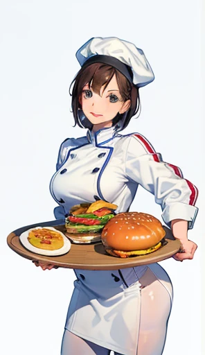 masterpiece, (highest quality), very detailed, Super detailed, light, alone, (1 girl), detailed eye, brown hair, blue eyes, smile, short hair, chef, (chefhat), (chefuniform), food, Burger, lips, lipstick, compensate, pantyhose, dish, tray, tomato