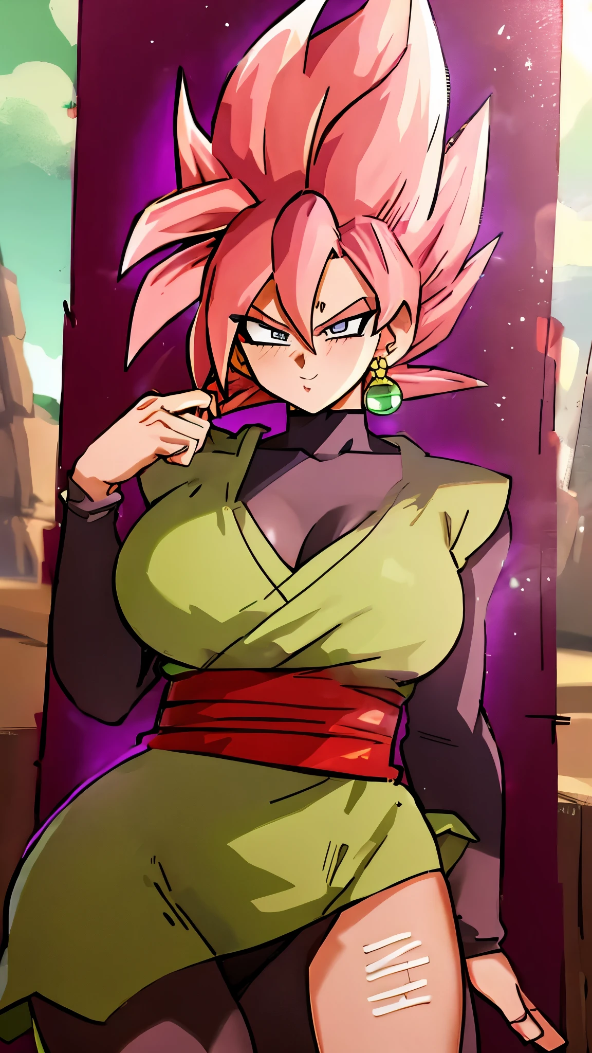 ((masterpiece, best quality)),(complex light), 1female,solo,upper body, goku black,black goku hair,black eyes, green potara earrings, large breasts, wide hips, curvy, thin waist, Black gi, red martial arts belt, solo girl, armpits, arms up, large breasts, wide hips, curvy, thin waist, slingshot swimsuit, abs, muscular female, beach background, sexy