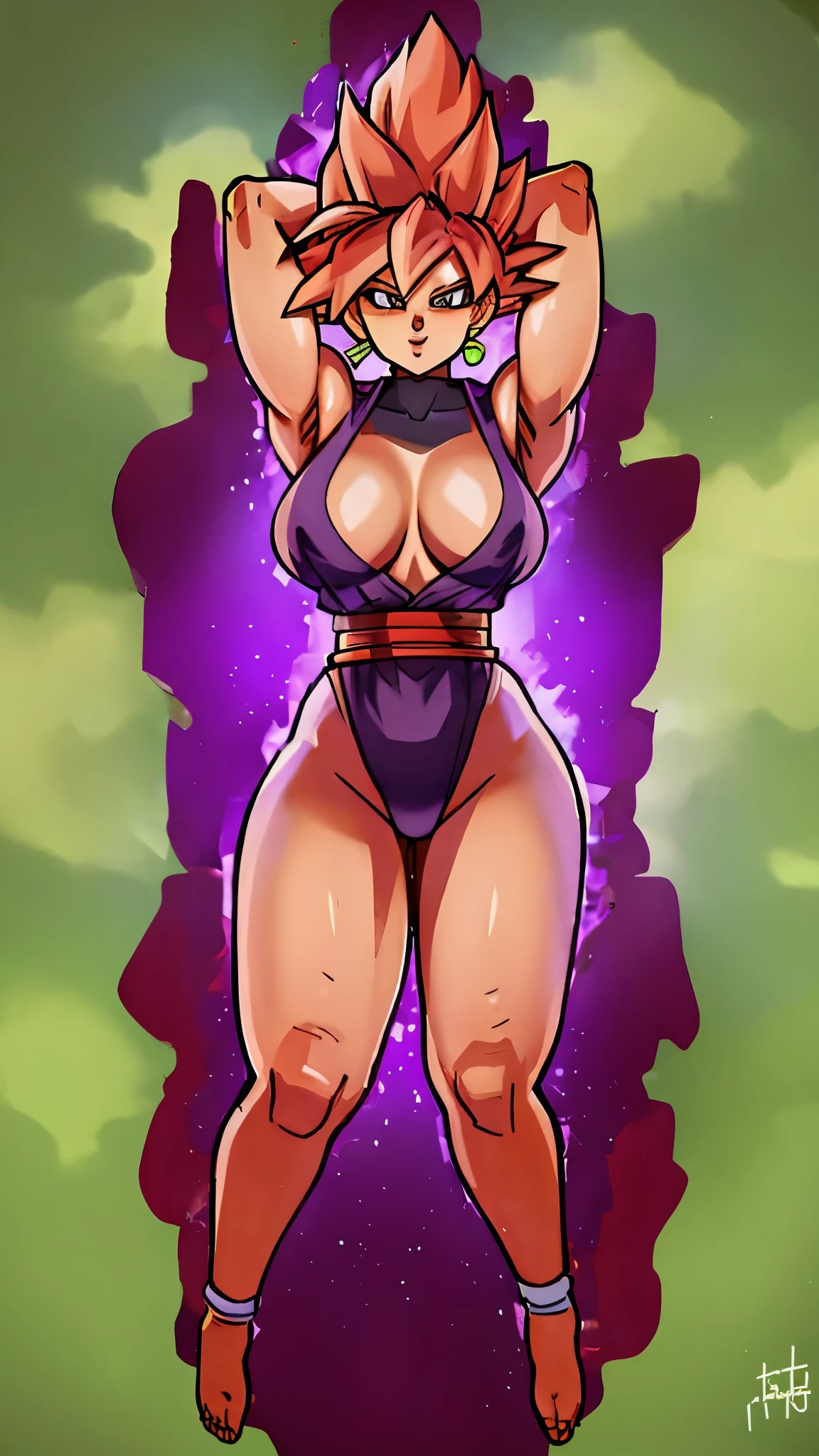 ((masterpiece, best quality)),(complex light), 1female,solo,upper body, goku black,black goku hair,black eyes, green potara earrings, large breasts, wide hips, curvy, thin waist, Black gi, red martial arts belt, solo girl, armpits, arms up, large breasts, wide hips, curvy, thin waist, slingshot swimsuit, abs, muscular female, beach background, sexy