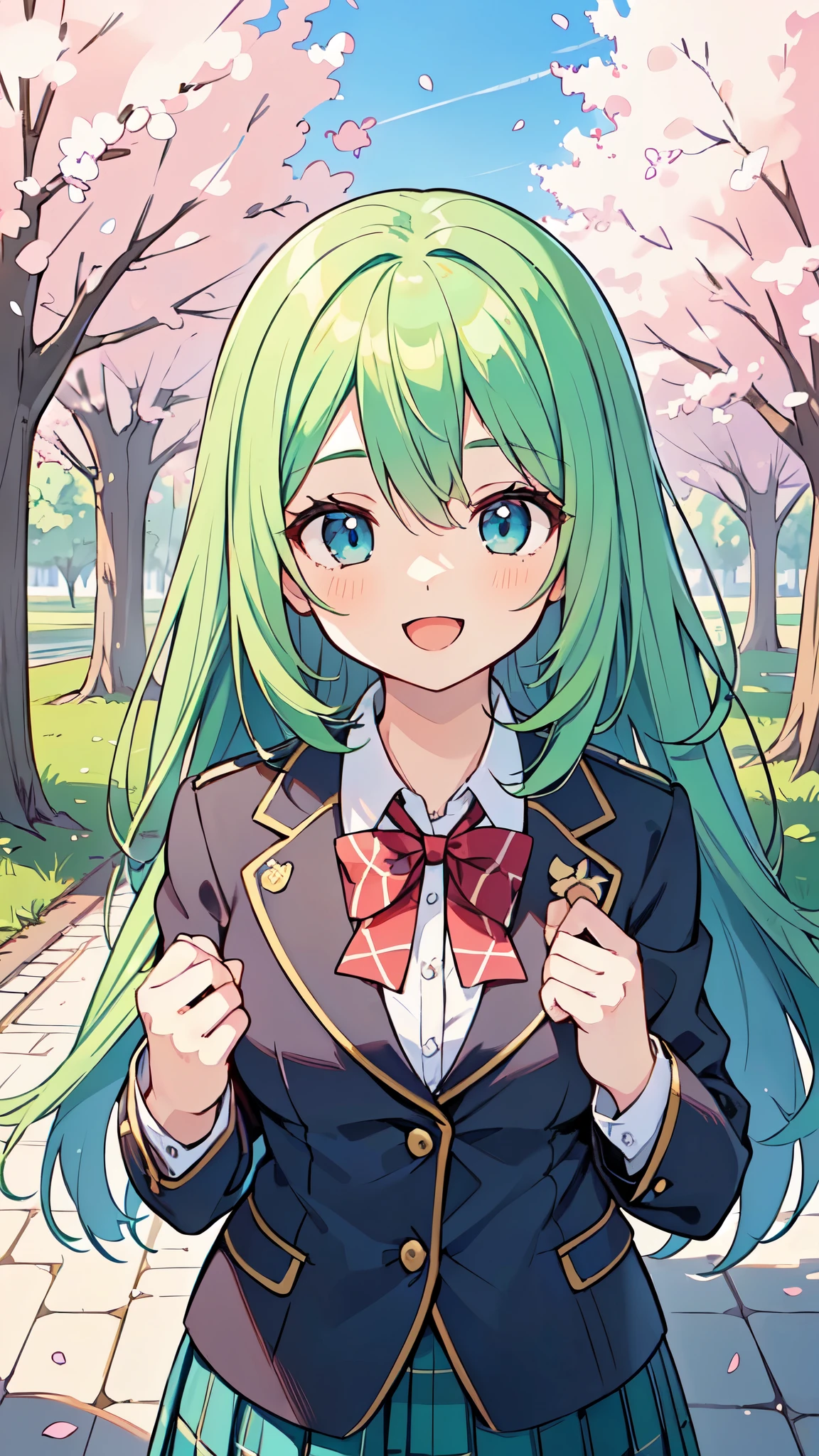 ((A Pretty High School girl with green hair and blue eyes)), ((wearing blazer uniform and plaid skirt)), Baby face, ((master piece, top-quality, ultra-definition, high resolution)), anime girl, ((ultra-detailed illust:1.2)), only one person, bangs, hair between eye, beautiful hair, Shiny eyes, Medium breasts, Big smile, opened mouth, cherry trees, schoolyard