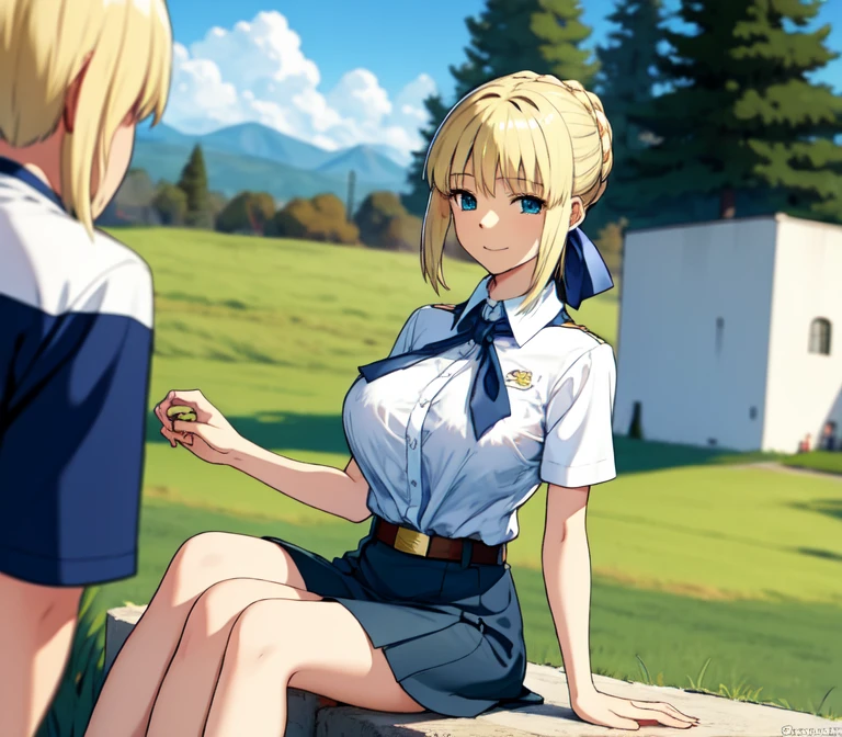 one very young slim fit girl, full height, rounded face, big blue eyes, shy smile, perfect huge breasts, pioneer neckerchief, micro tight blue pleated skirt, bangs, tight white shirt, short sleeves, collared shirt, belt, red neckerchief, breast pocket, braid, hair ribbon, blue ribbon, short curly fluffy blonde hair, saber