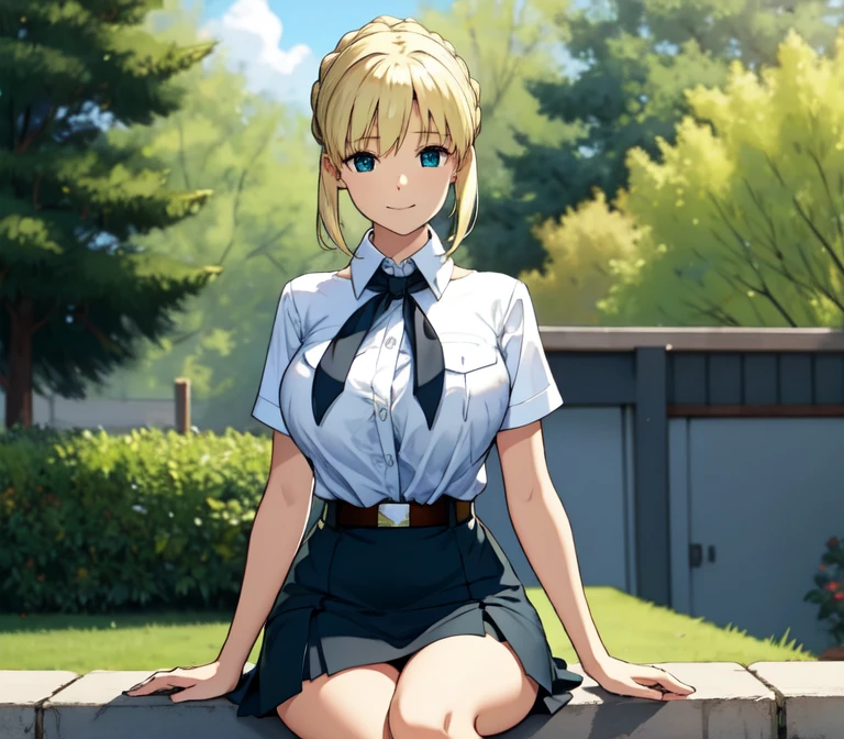 one very young slim fit girl, full height, rounded face, big blue eyes, shy smile, perfect huge breasts, pioneer neckerchief, micro tight blue pleated skirt, bangs, tight white shirt, short sleeves, collared shirt, belt, red neckerchief, breast pocket, braid, hair ribbon, blue ribbon, short curly fluffy blonde hair, saber