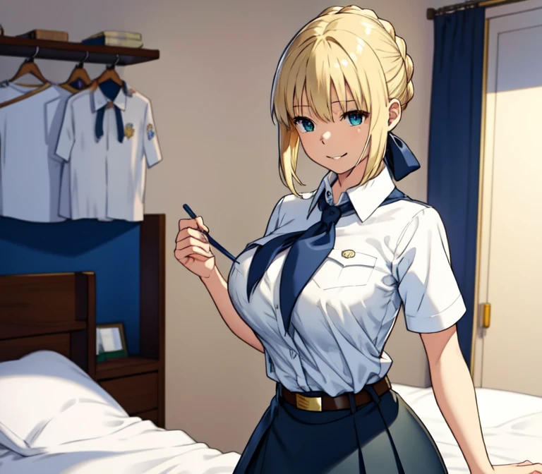 one very young slim fit girl, full height, rounded face, big blue eyes, shy smile, perfect huge breasts, pioneer neckerchief, micro tight blue pleated skirt, bangs, tight white shirt, short sleeves, collared shirt, belt, red neckerchief, breast pocket, braid, hair ribbon, blue ribbon, short curly fluffy blonde hair, saber