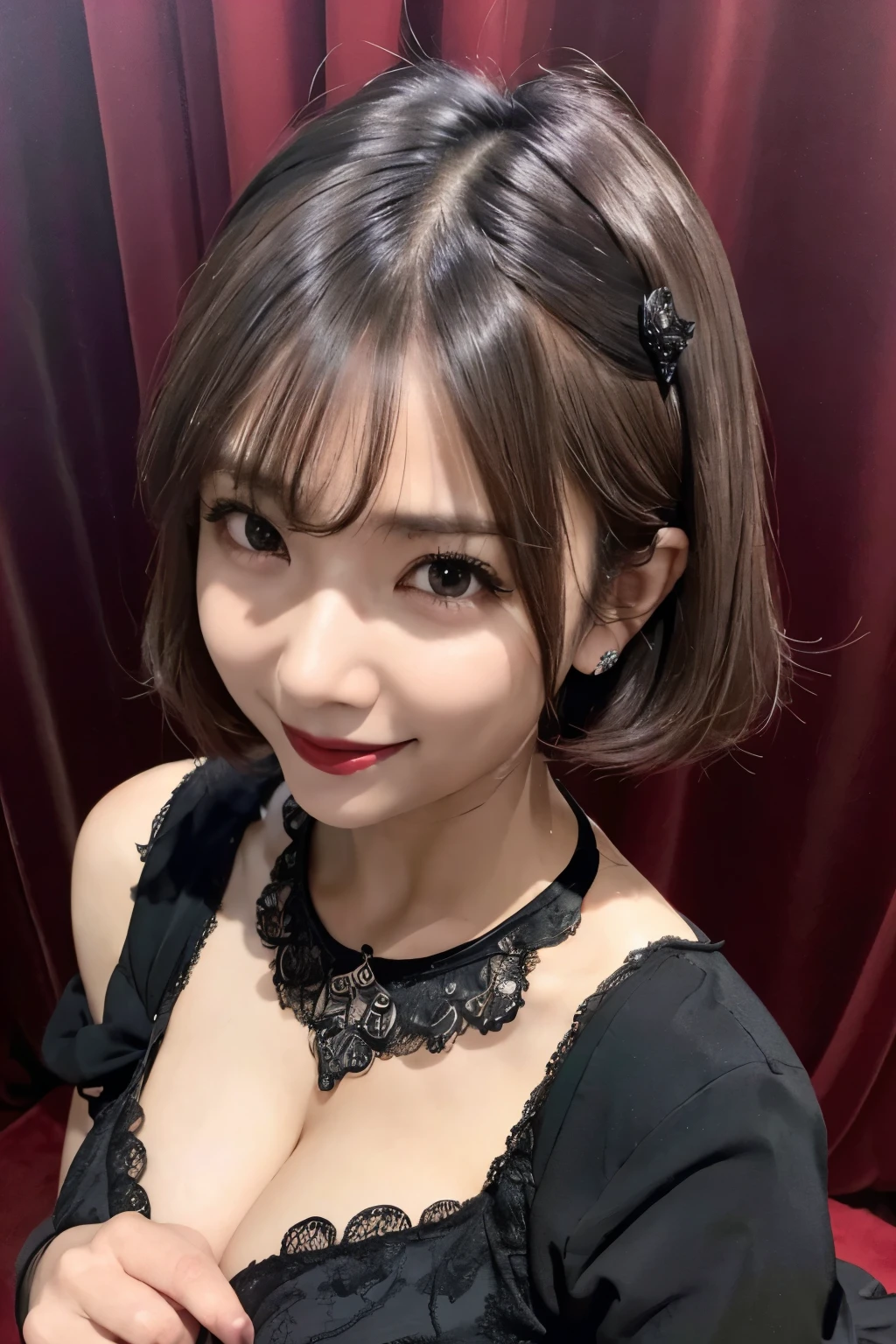 absurderes, masutepiece, Best Quality, nffsw, 1girl in, Mature Woman, (Sharp Focus), Villain's smile, ??????????????, (Hair on long black background), (grey  eyes), (Detailed eyes), Gothic lace costumes, Black and Red theme, Realism, Black_castle, Ultra-detailed, Vivid, Intricate details, Photorealistic