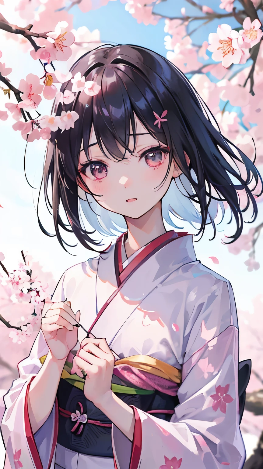 (kimono)、、(highest quality,masterpiece:1.3,超A high resolution,),(super detailed,caustics),(Photoreal:1.4,RAW shooting,)ultra-realistic capture,very detailed,High definition 16K for human skin、 Natural skin texture、、Skin looks even-toned and healthy、 Use natural light and color,one woman,Japanese,,cute,black haired,middle hair,(Depth of the bounds written、chromatic aberration、、wide range of lighting、natural shading、)、、(Sakura dancing:1.2)、(hair swaying in the wind:1.2)、(cherry blossoms reflect light:1.2)、Backlight、mouth is slightly open、surprised expression、happy expression、facing the front