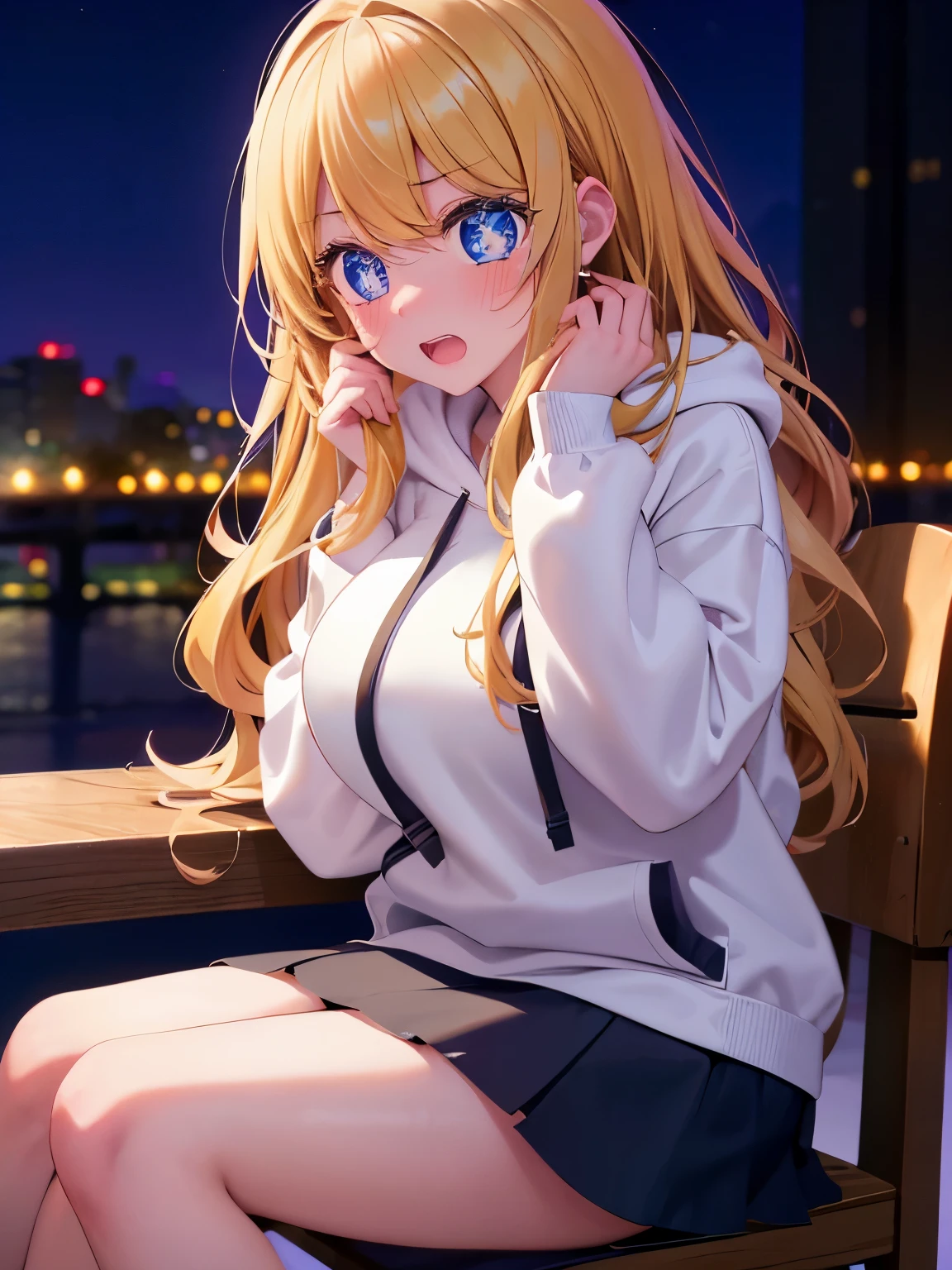 1woman,super beautiful,Warehouse background, night,Sitting on a chair,blush,Surprised expression, shocked expression,, crying, tears coming out, teeth showing,,hands tied,half body photo,Beautiful eyes, very detailed face,cute,long hoodie,white hoodie, tennis skirt,HD face, perfect face,black mini skirt,black mini skirt,Very big breasts,Blonde hair,long hair,wavy hair,bangs,blue eyes,ultra detail,ultra Hd, masterpiece,4k