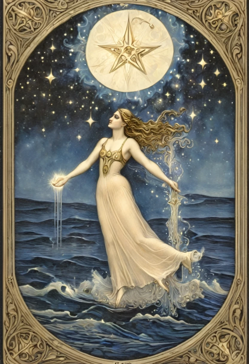 The card "The Star" in the Tarot is an image of hope and renewal. It depicts a white  woman, kneeling by a river, pouring water from two jugs. Above it, a bright star illuminates the night sky. The woman represents the connection between heaven and earth, and the water symbolizes the spiritual energy flowing into the physical world. The Star card evokes feelings of optimism, confidence and healing. It reminds us that even in the darkest moments, there is a bright light that guides us. The star in the sky represents divine guidance, showing us the way forward. It brings with it a sense of peace and tranquility, inviting us to connect with our intuition and follow our deepest dreams. The Star card encourages us to have hope, believe in ourselves, and seek inner harmony. It reminds us that we are able to heal, transform, and manifest our highest aspirations. The presence of the Star card in a reading often indicates a period of renewal, inspiration, and spiritual protection. It invites us to trust in our journey and to have faith in a better future.