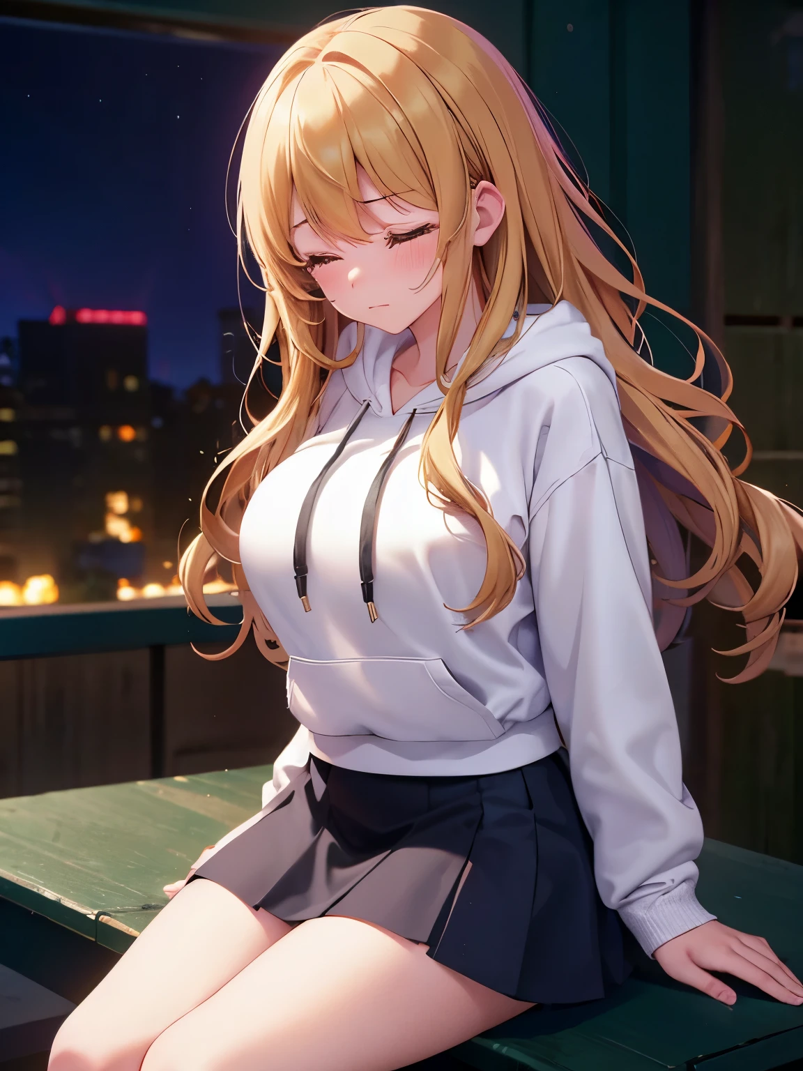 1woman,super beautiful,Warehouse background, night,Sitting on a chair,sad expression,crying, tears coming out, Hands tied with rope,half body photo,Beautiful eyes, very detailed face,cute,long hoodie,white hoodie, tennis skirt,HD face, perfect face,black mini skirt,black mini skirt,Very big breasts,Blonde hair,long hair,wavy hair,bangs,closed eyes,ultra detail,ultra Hd, masterpiece,4k