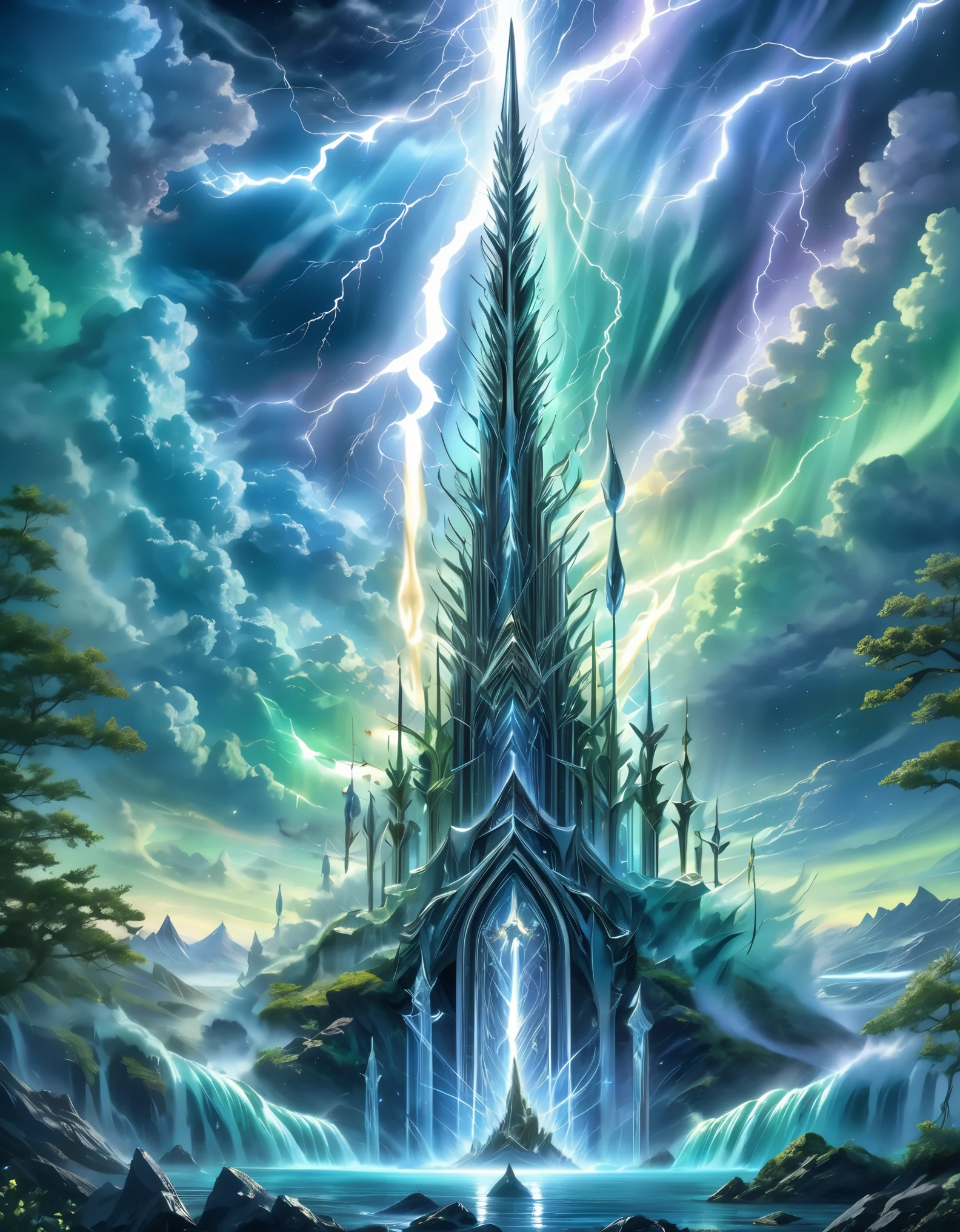 ((highest quality)),(ultra high resolution),(Super detailed),(detailed description),((best CG)),(best work of art),super precision art,amazing drawing art,(Fantasy art with intricate detail:1.5), A spear of light that pierces heaven and earth,Lightning emanating from the aurora cuts through the night sky,Angels blowing the trumpets of the end