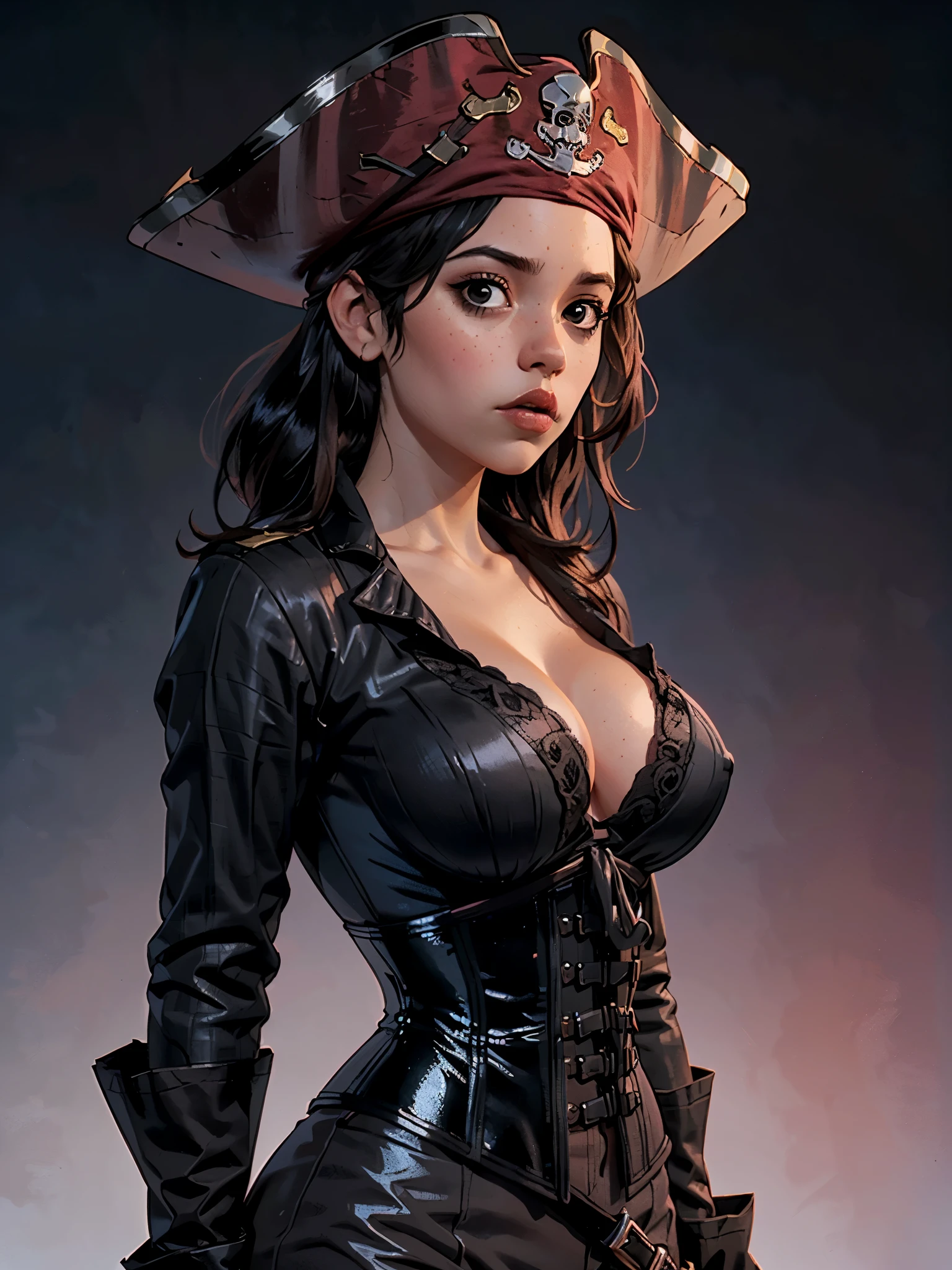 one girl, solo, (bust, upper body, front view:1.2), black eyes, jenna ortega, captain jack sparrow, pirate, pirate hat, pirate outfit, corset, (big breasts, giant breasts, cleavage:1.2), (masterpiece, highly detailed, look at viewer, shiny blured grey background, gradient sprayed background, blured background:1.2)