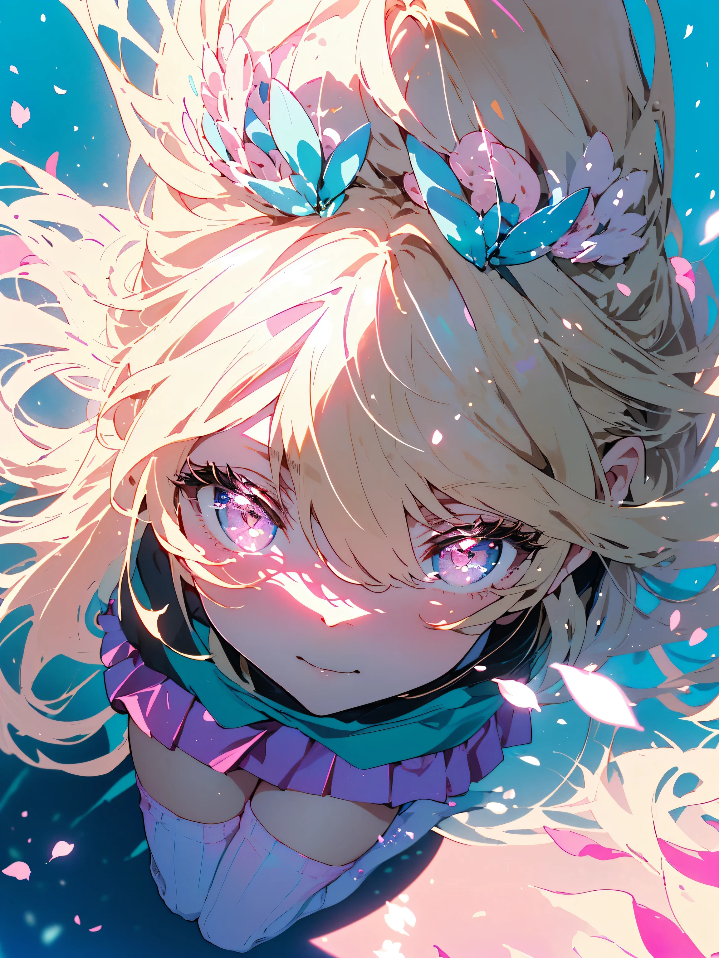 (highest quality、masterpiece、High resolution、detailed),(Shining eyes、detailed beautiful face), (1 girl、pink eyes:1.4), (blonde:1.9)、(Composition viewed diagonally from above:1.8)、(colorful overknee socks:1.9),(detailed cute face), lighting,bust shot,very detailed、 8K wallpaper,(pink inner color、side tail:1.7)、(cute spring fashion、mini skirt:1.9),smile,intricate skirt,((flying petals)),(flowering meadow), (blue sky:1.3), (bright theme:1.3), light, (cute background 1.5,cute pose:1.4),beautiful anime:1.4、dynamic angle
