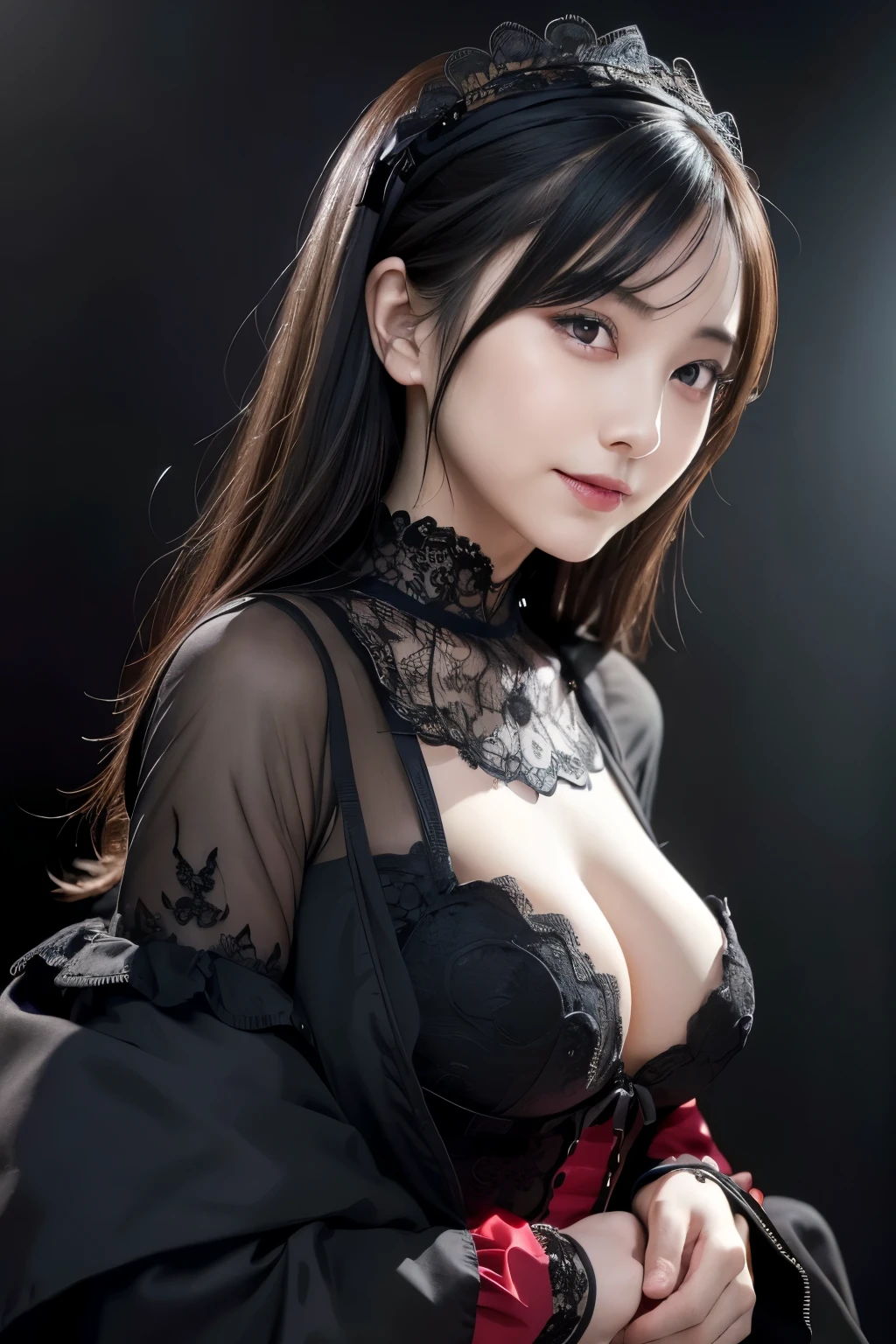 absurderes, masutepiece, Best Quality, nffsw, 1girl in, Mature Woman, (Sharp Focus), Villain's smile, medium breasts, (Hair on long black background), (grey eyes), (Detailed eyes), Gothic lace costumes, Black and Red theme, Realism, Black_castle, Ultra-detailed, Vivid, Intricate details, Photorealistic