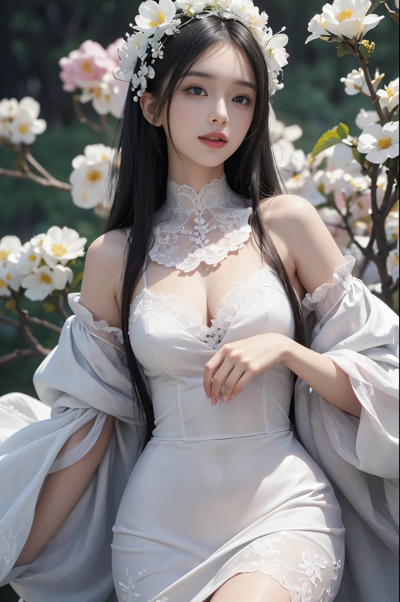 best quality、tmasterpiece、ultra high resolution、actual、1 girl、Glossy skin、((Surreal detailed))、Global photo、8K、Highly complex details、shinning eyes、Black straight hair、highkey、pureerosfaceace_v1、A smile、Elegant pose、plump breasts、White ultra-thin transparent lace、Lots of flowers in the background