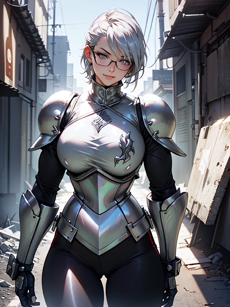 Solo, female, turtleneck, ((armor, knight, steel armor)), smirking, silver hair, swept hair, short hair, sideswept, glasses, standing, chestpiece, thick lips, big breasts