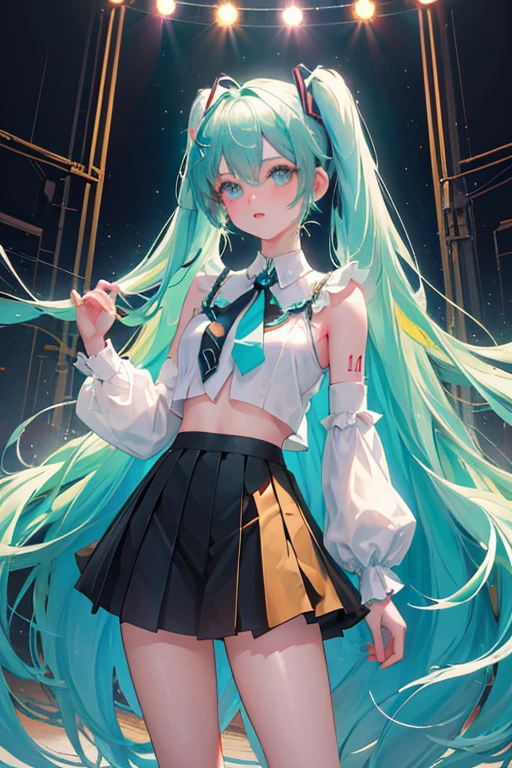 (Seios grandes Hatsune Miku,electronic singer,cabelo verde,Ombros nus,uma saia preta,mangas pretas,(Blusa de cor branca),Roupas brancas,8k,A high resolution,olhos verdes,fundo do concerto,No local do concerto,em concerto,Only beautiful thighs are exposed,the clothes are white,appear on the arm appear un 01,The number is 01,fundo brilhantes ,Leaves', cabelo de alta qualidade 8k ,The eyes of the anime heroine,Olhos de detalhes ultraelevados,olhos de alta qualidade , Olhos de alto detalhe , in bra full body standing looking at public spectator.