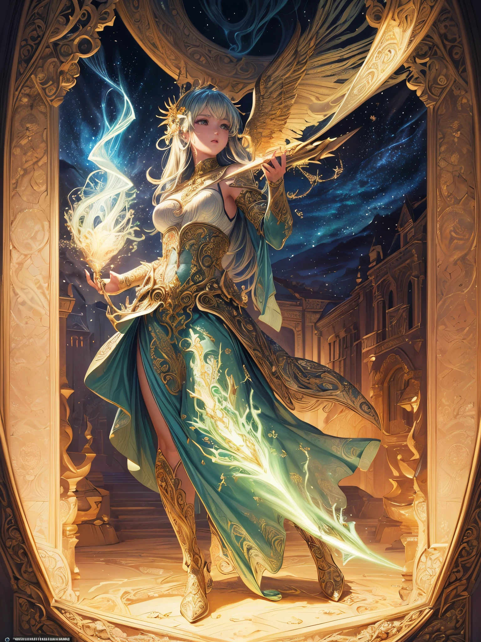 ((highest quality)),(ultra high resolution),(Super detailed),(detailed description),((best CG)),(best work of art),super precision art,amazing drawing art,(Fantasy art with intricate detail:1.5), A spear of light that pierces heaven and earth,Lightning emanating from the aurora cuts through the night sky,Angels blowing the trumpets of the end