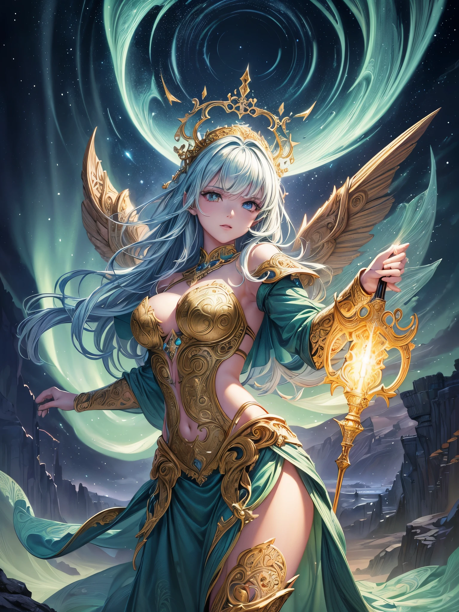 ((highest quality)),(ultra high resolution),(Super detailed),(detailed description),((best CG)),(best work of art),super precision art,amazing drawing art,(Fantasy art with intricate detail:1.5), A spear of light that pierces heaven and earth,Lightning emanating from the aurora cuts through the night sky,Angels blowing the trumpets of the end