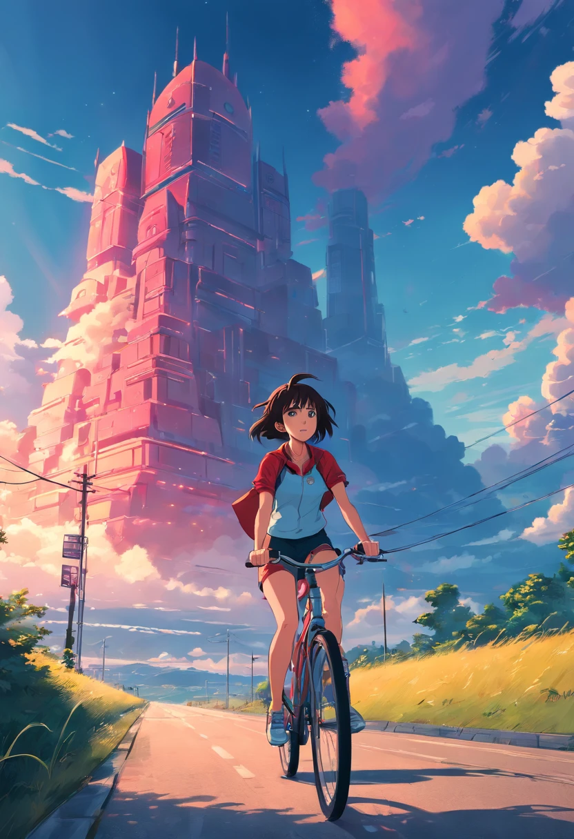 a girl rides a bicycle, in running shorts, short shorts, road under a cloudy sky, inspired by Simon Stalenhag, glowing temple in the distance, lone industrial!!! spaceship!!, red cloud light, temple