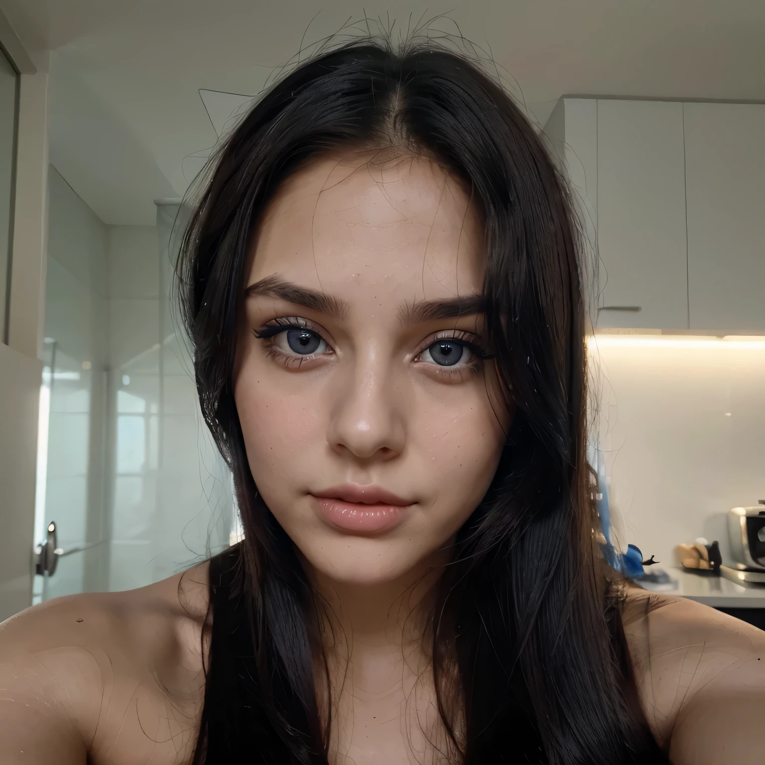 Sexy, big eyes, blue color, dark hair color, long hair, beautiful lips, (Close-up of face, Face straight, full face, girl&#39;s age 22 years), open face without hair