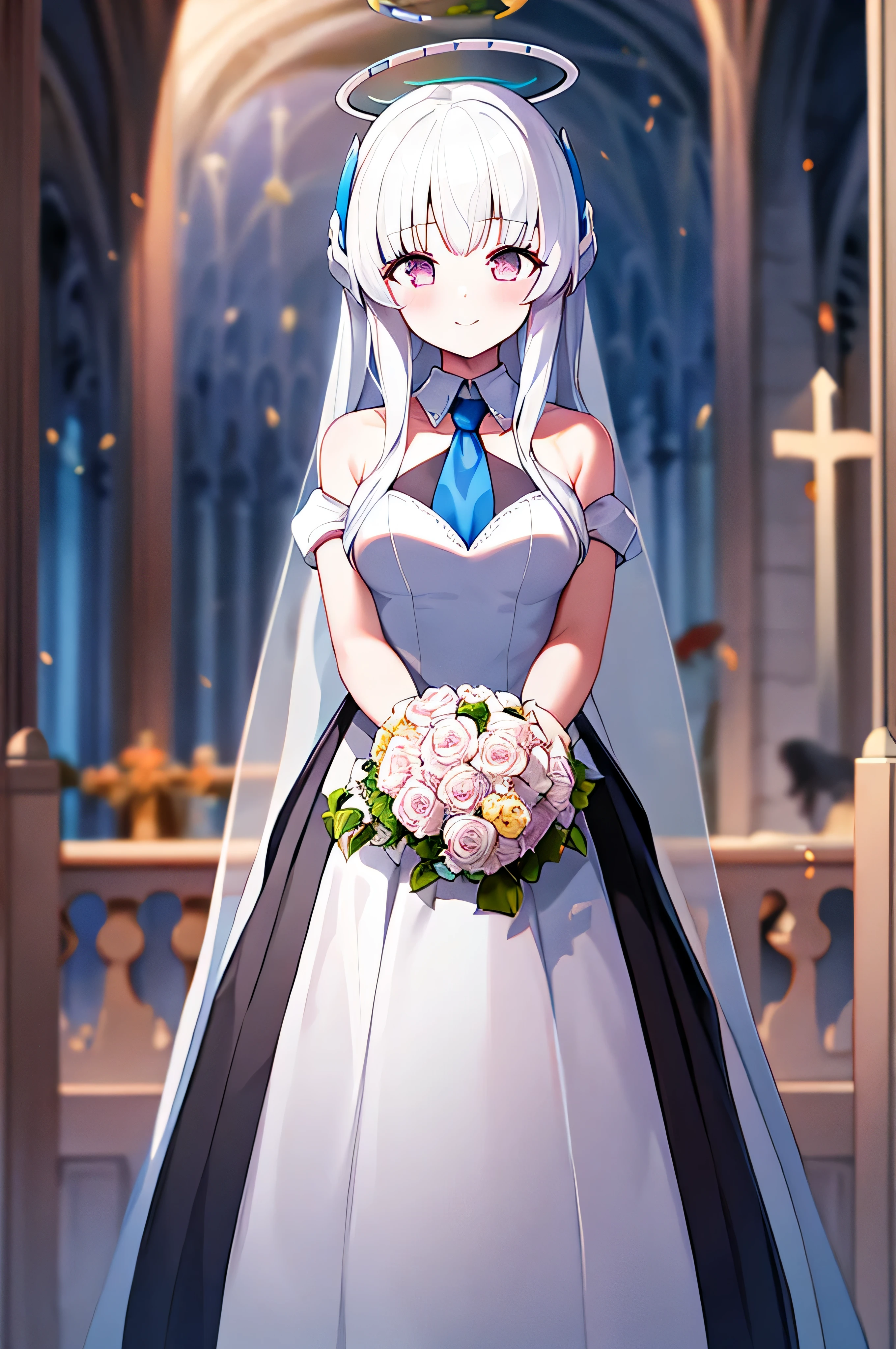 masterpiece, best quality, high resolution, nnn1, 1 girl, Headbands, long hair, wedding dress, mini skirt, wedding_veil, split, bouquet,  church, Cowboy shooting, looking at the audience,white hair，Raw salt Noah，halo