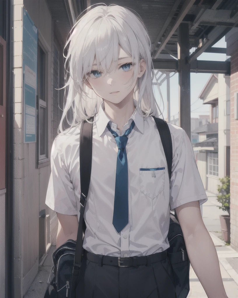 (best quality,4k,realistic:1.2),young boy,man,long hair,white hair,blue eyes,High school student uniform,school bag,charming,very detailed,thin