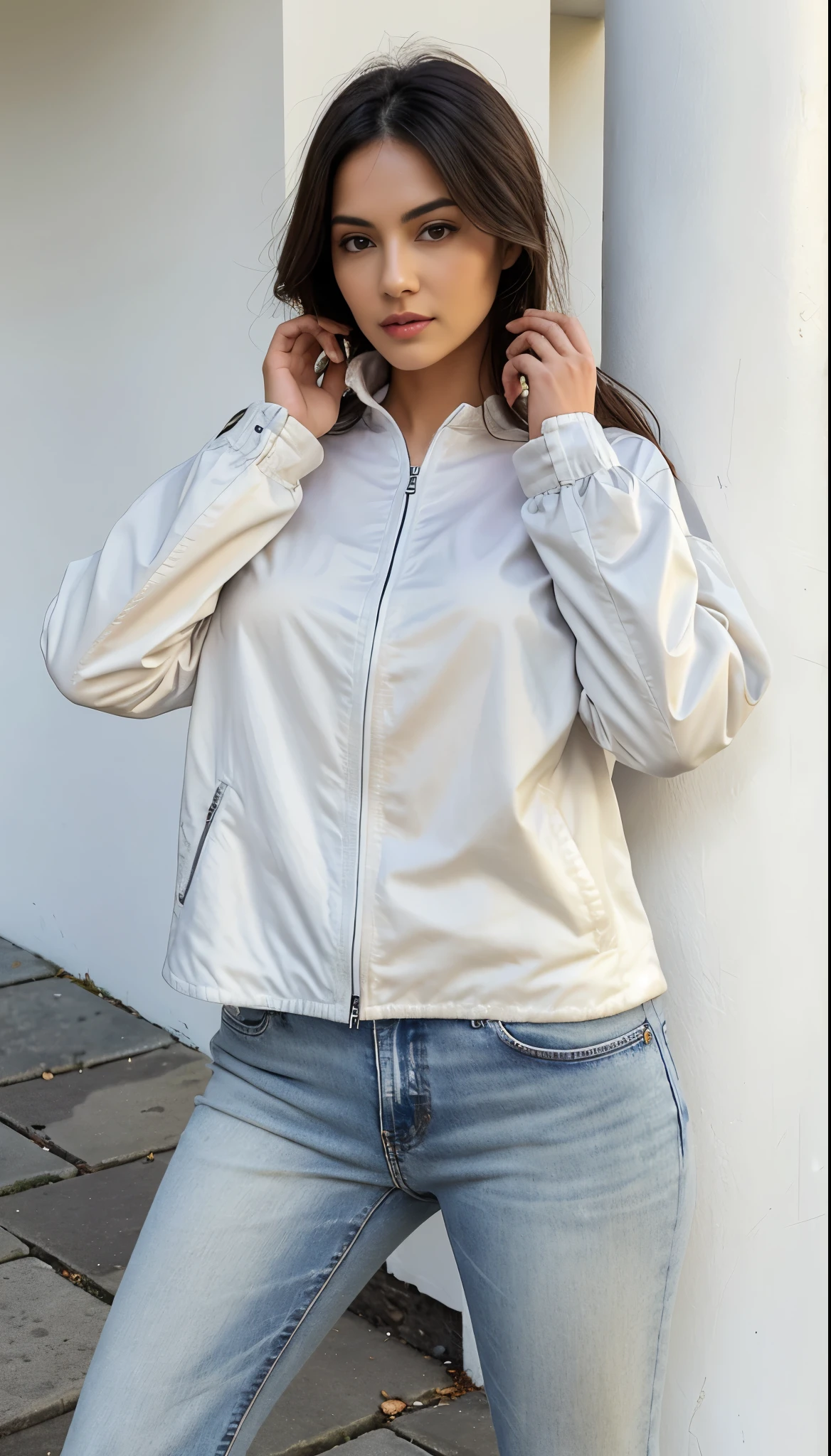 a woman in a white shirt and jeans posing for a picture, grey jaqueta, jaqueta, white jaqueta, short jaqueta, wearing jaqueta, 9 0's, 90's, niele toroni, branco e cinza, 2010s, 2 0 1 0 s, cinza claro, jaqueta over bare torso, cor prata