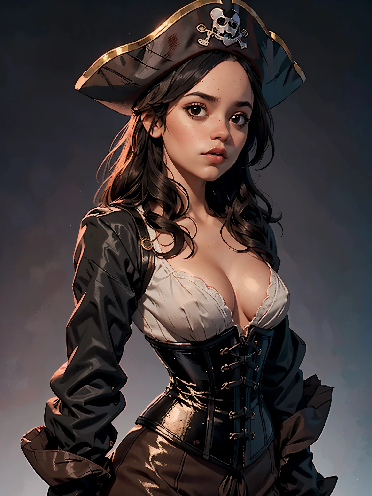 one girl, solo, (bust, upper body, front view:1.2), black eyes, jenna ortega, captain jack sparrow, pirate, pirate hat, pirate outfit, corset, (small breasts, tiny breasts, cleavage:1.2), (masterpiece, highly detailed, look at viewer, shiny blured grey background, gradient sprayed background, blured background:1.2)