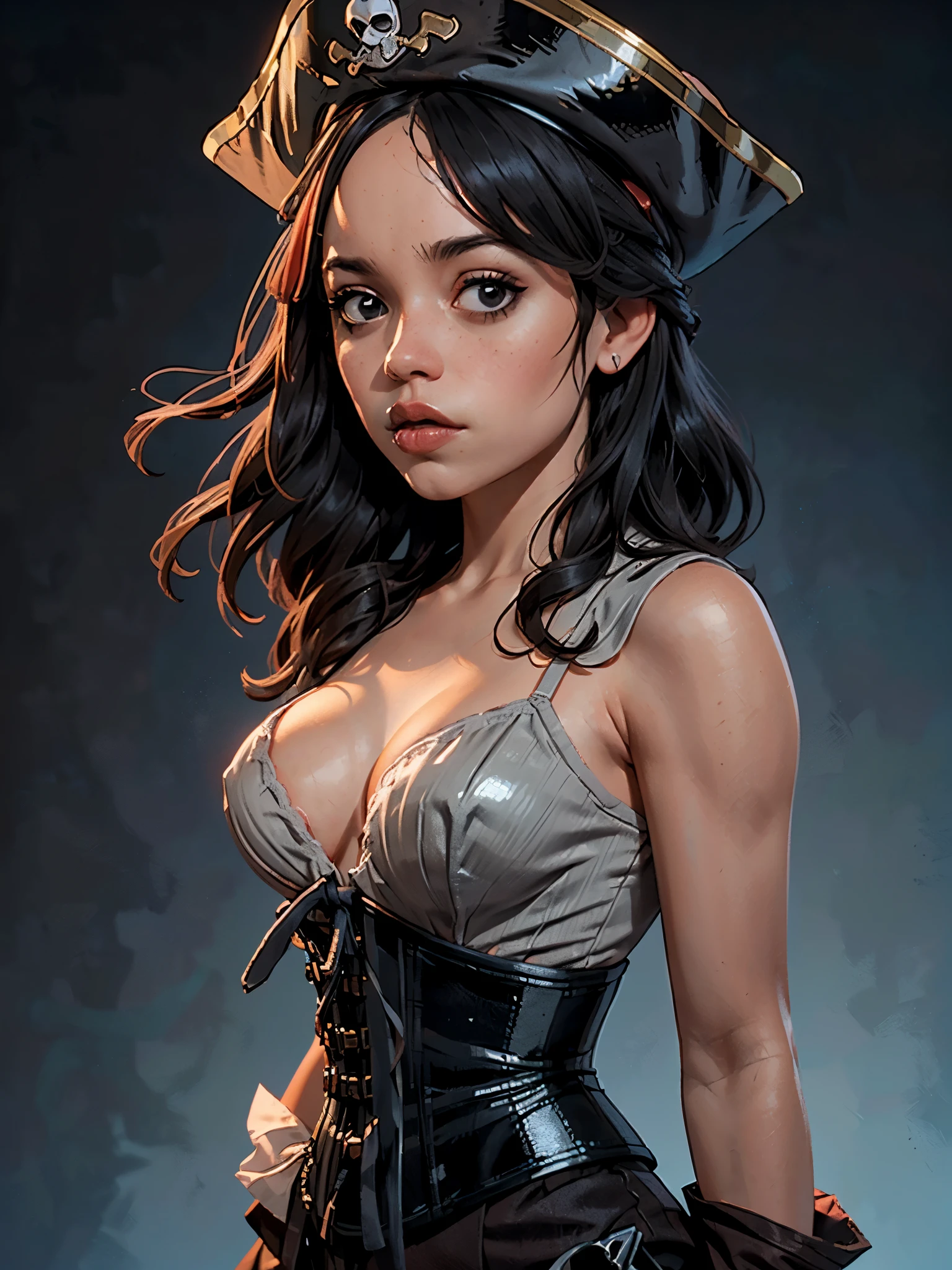 one girl, solo, (bust, upper body, front view:1.2), black eyes, jenna ortega, captain jack sparrow, pirate, pirate hat, pirate outfit, corset, (small breasts, tiny breasts, cleavage:1.2), (masterpiece, highly detailed, look at viewer, shiny blured grey background, gradient sprayed background, blured background:1.2)