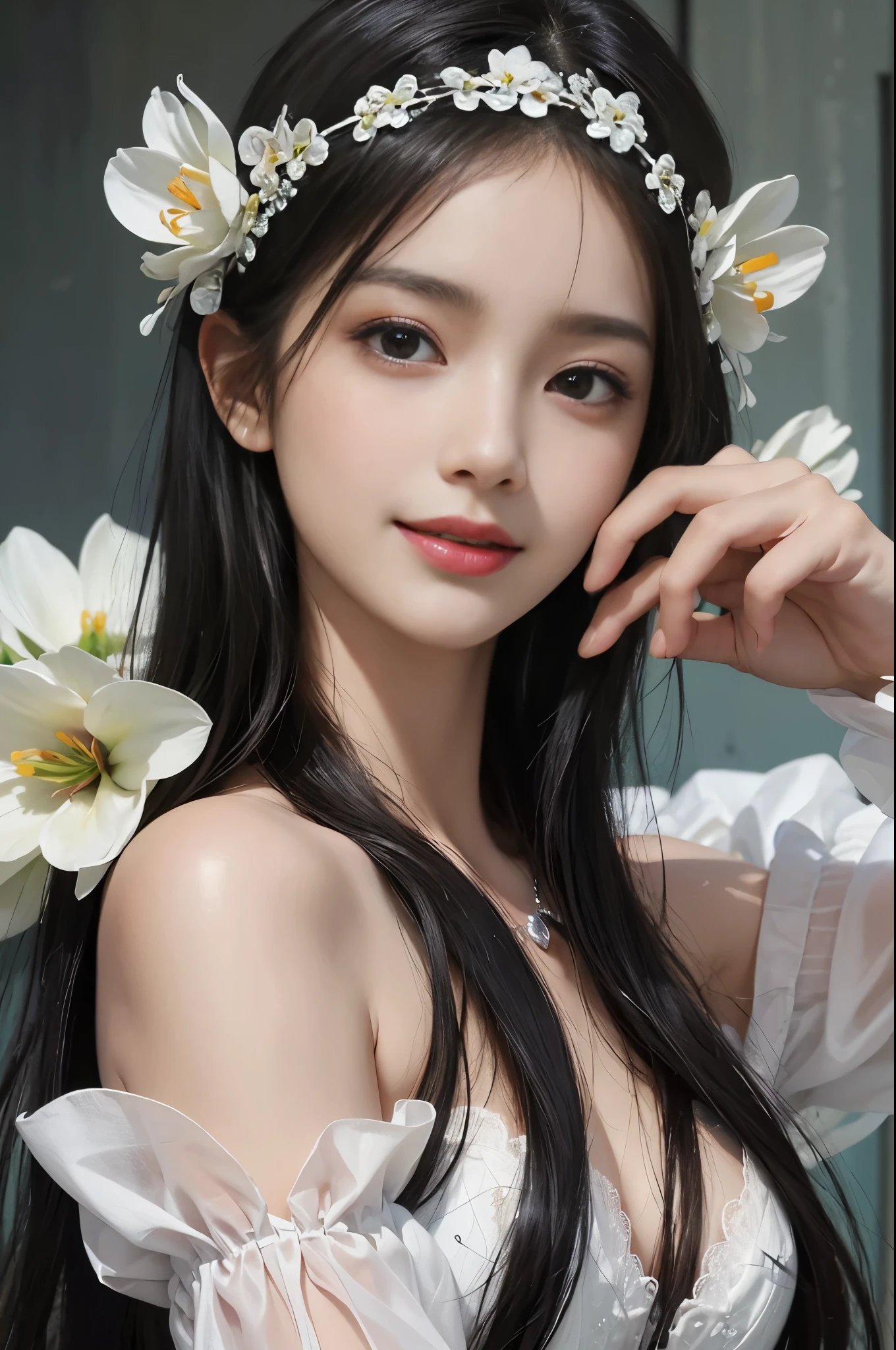 best quality、tmasterpiece、ultra high resolution、actual、1 girl、Glossy skin、((Surreal detailed))、Global photo、8K、Highly complex details、shinning eyes、Black straight hair、highkey、pureerosfaceace_v1、A smile、Elegant pose、plump breasts、White ultra-thin transparent lace、Lots of flowers in the background