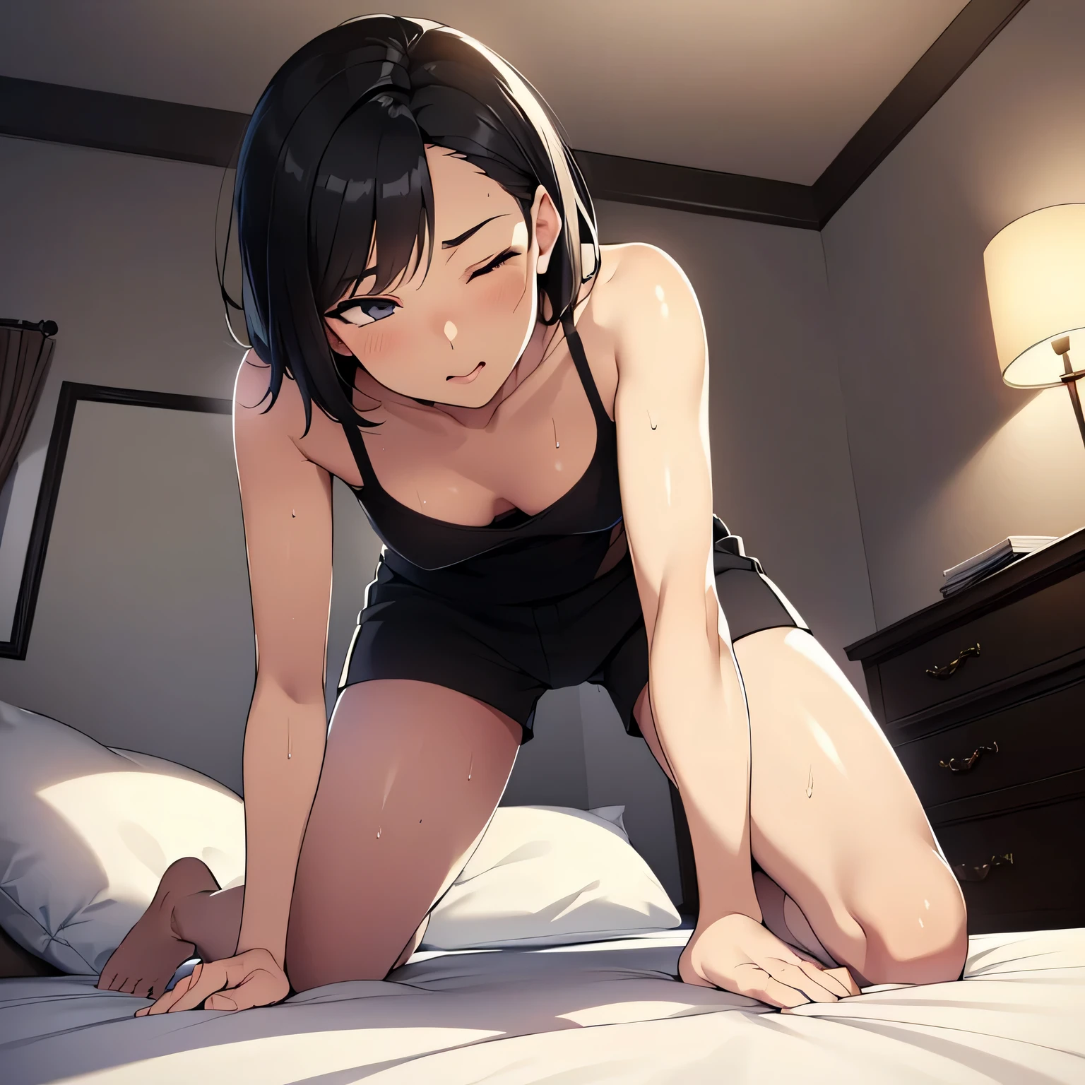 low angle,from below,((full body,face toward the viewer)),(kneeling dwon on the king size beautiful bed),(illustration), ((1guy,very short black hair)),((masterpiece, highest resolution,best quality)),topless, black shorts, (eyes closed),sweat,mouth open,cinematic lighting,modern elegant beautiful gorgeous hotel room,night