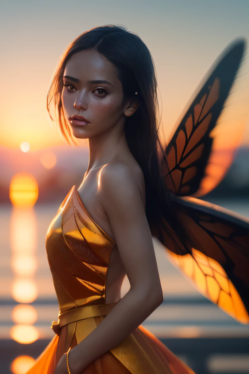 (masterpiece), (very complicated:1.3), (realistic), girl portrait, the most beautiful in the world, (insect-like wings), scale powder reflection, fashion model posing, outdoor, intense sunlight, distant shore, Stunning female professional photo details, sharp focus, dramatic, Award history, cinematic lighting, Octane Rendering Unreal Engine, volumetrics dtx, (film grain, blurred background, blurred foreground, Bokeh, Depth of the bounds written, sunset, motion blur:1.3), thin orange clothing